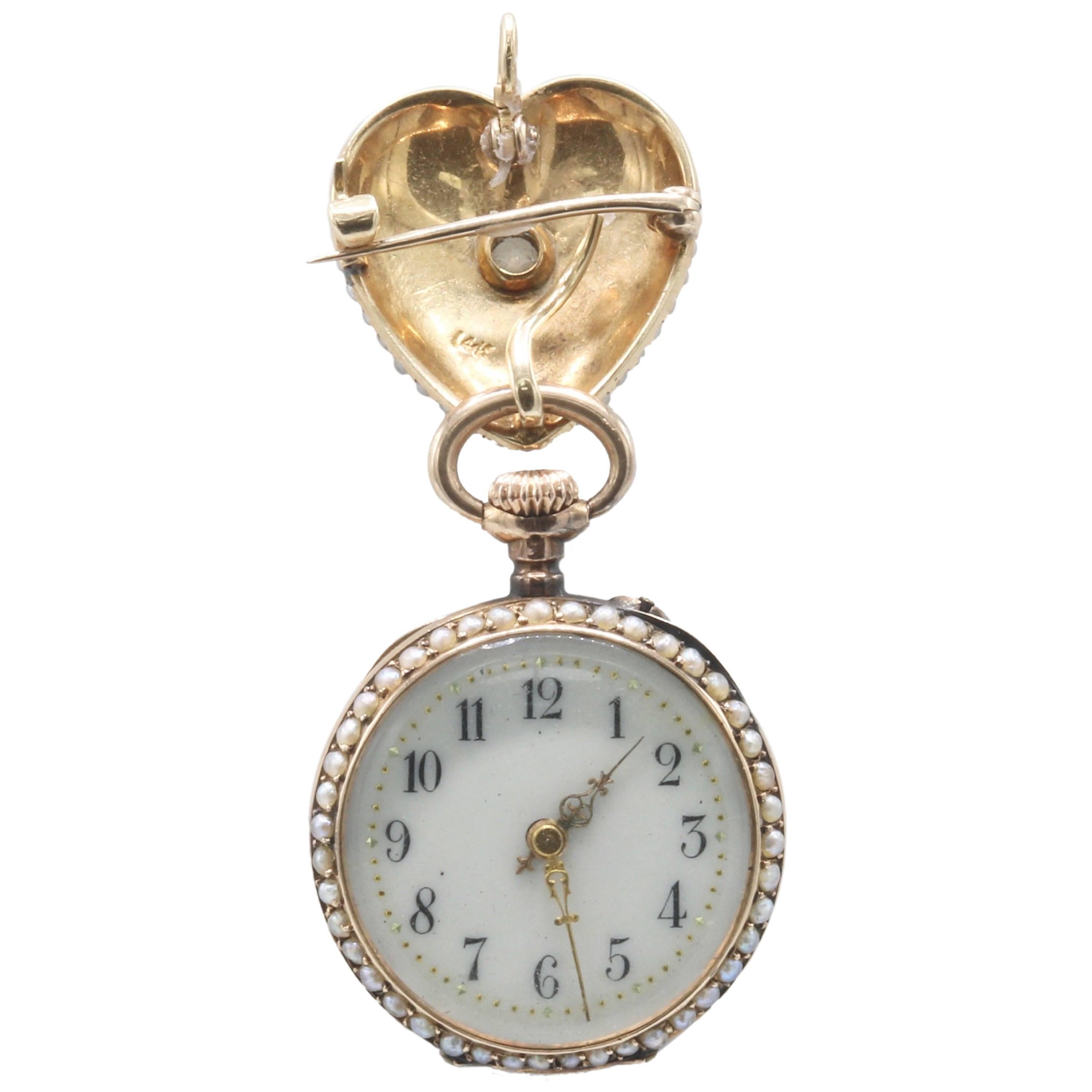 Natural Pearl and Diamond Pendant and Brooch Lapel Watch