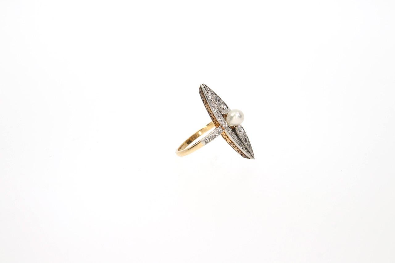 Old Mine Cut Natural Pearl and Diamond Platinum and Yellow Gold Marquise Ring, circa 1910 For Sale