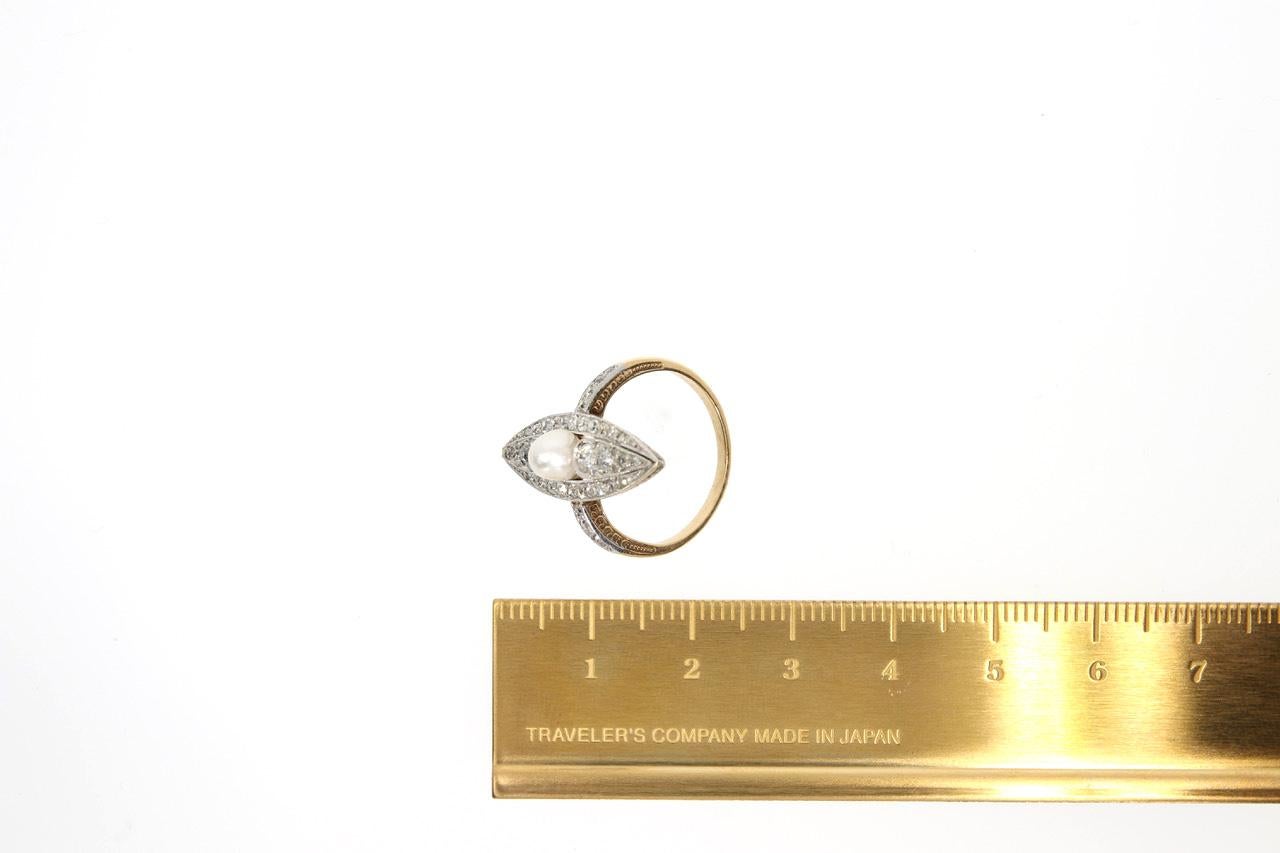 Women's Natural Pearl and Diamond Platinum and Yellow Gold Marquise Ring, circa 1910 For Sale