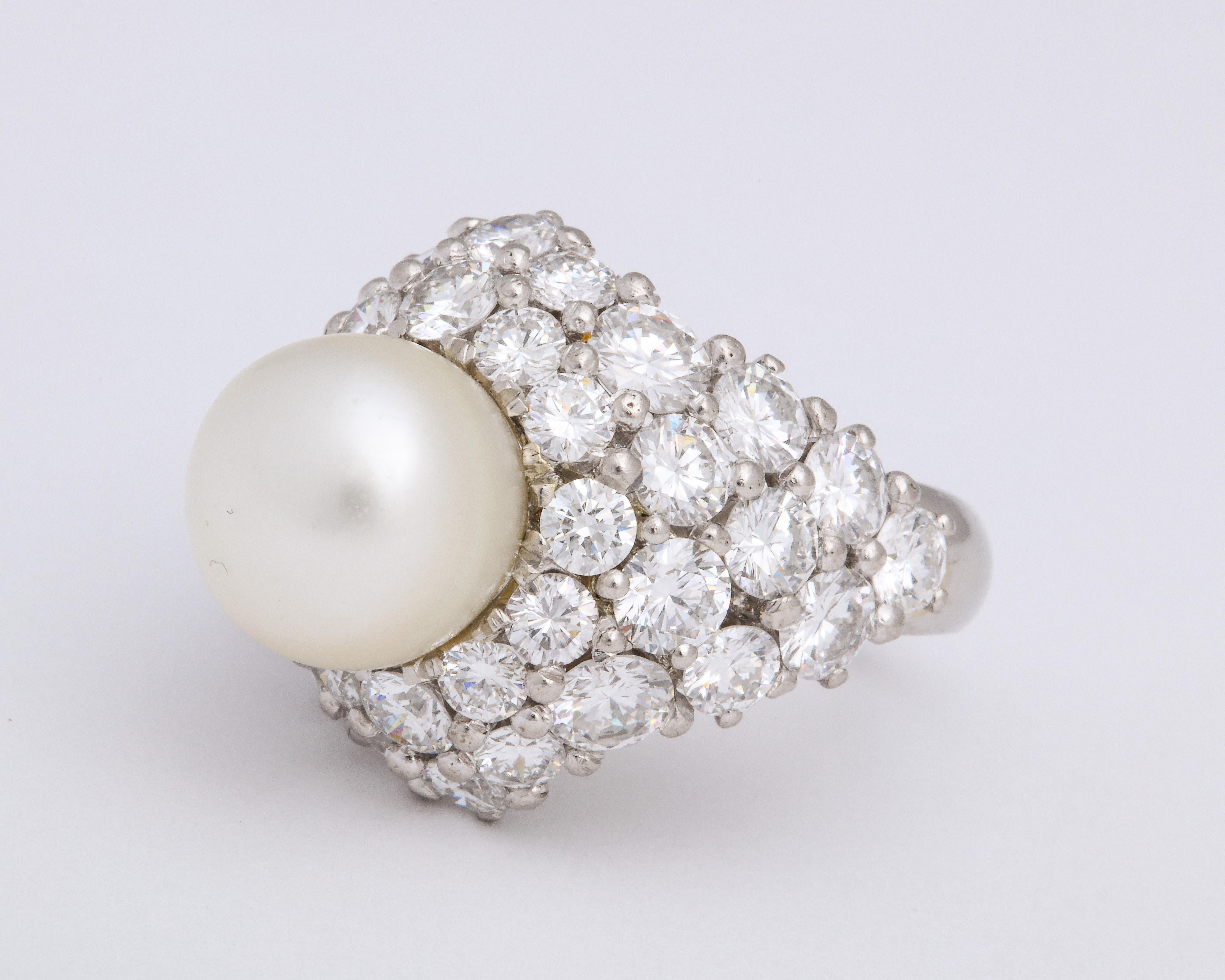 Round Cut Natural Pearl and Diamond Platinum Cocktail Ring For Sale