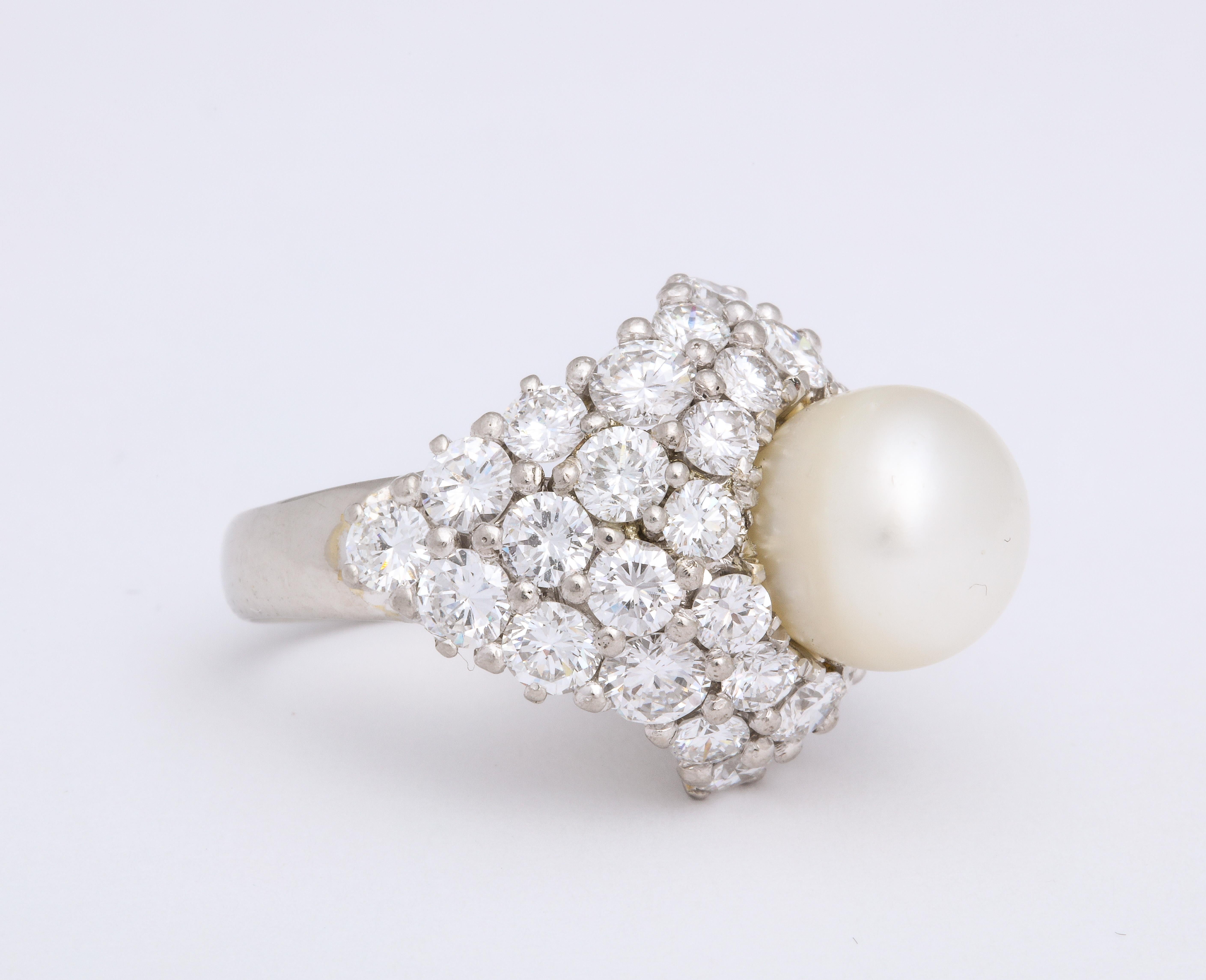 Natural Pearl and Diamond Platinum Cocktail Ring In Good Condition For Sale In New York, NY