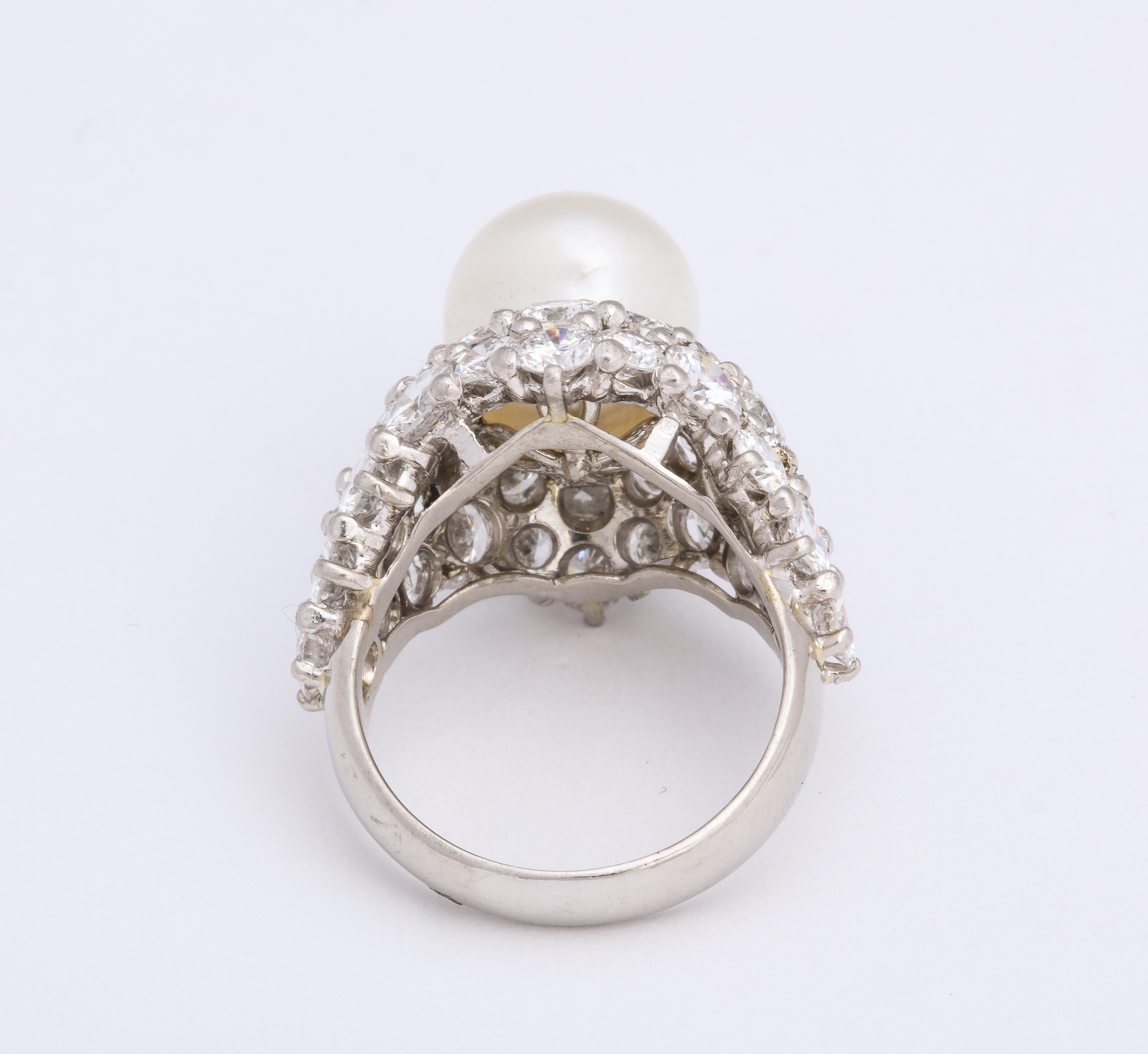 Women's or Men's Natural Pearl and Diamond Platinum Cocktail Ring For Sale