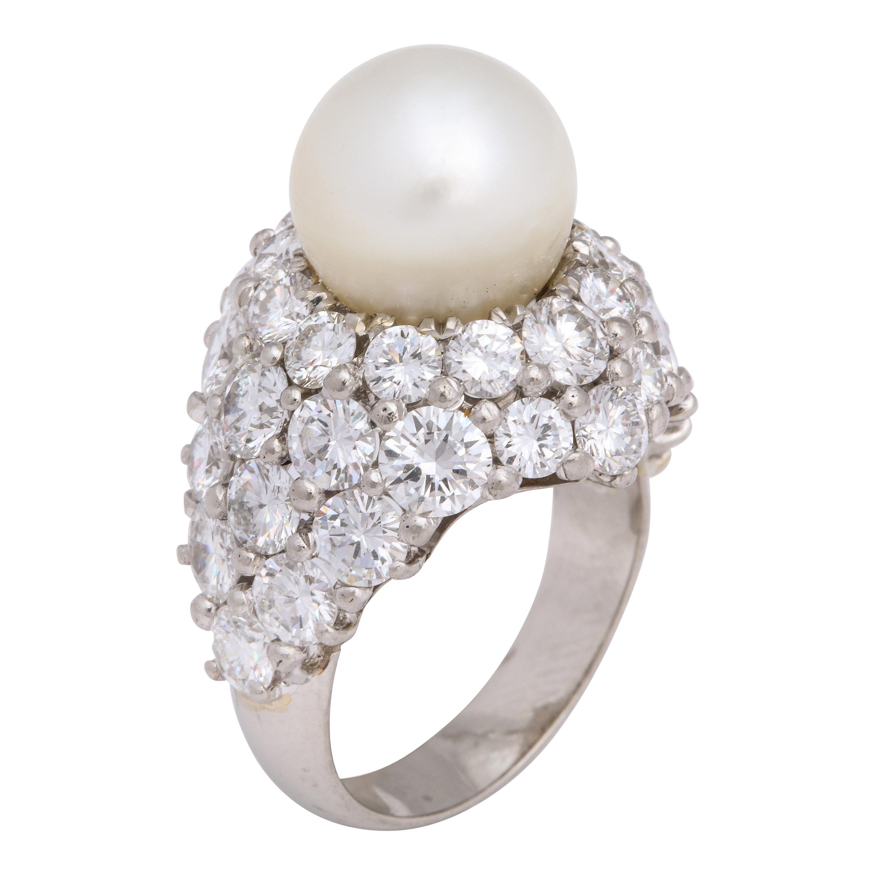 Natural Pearl and Diamond Platinum Cocktail Ring For Sale