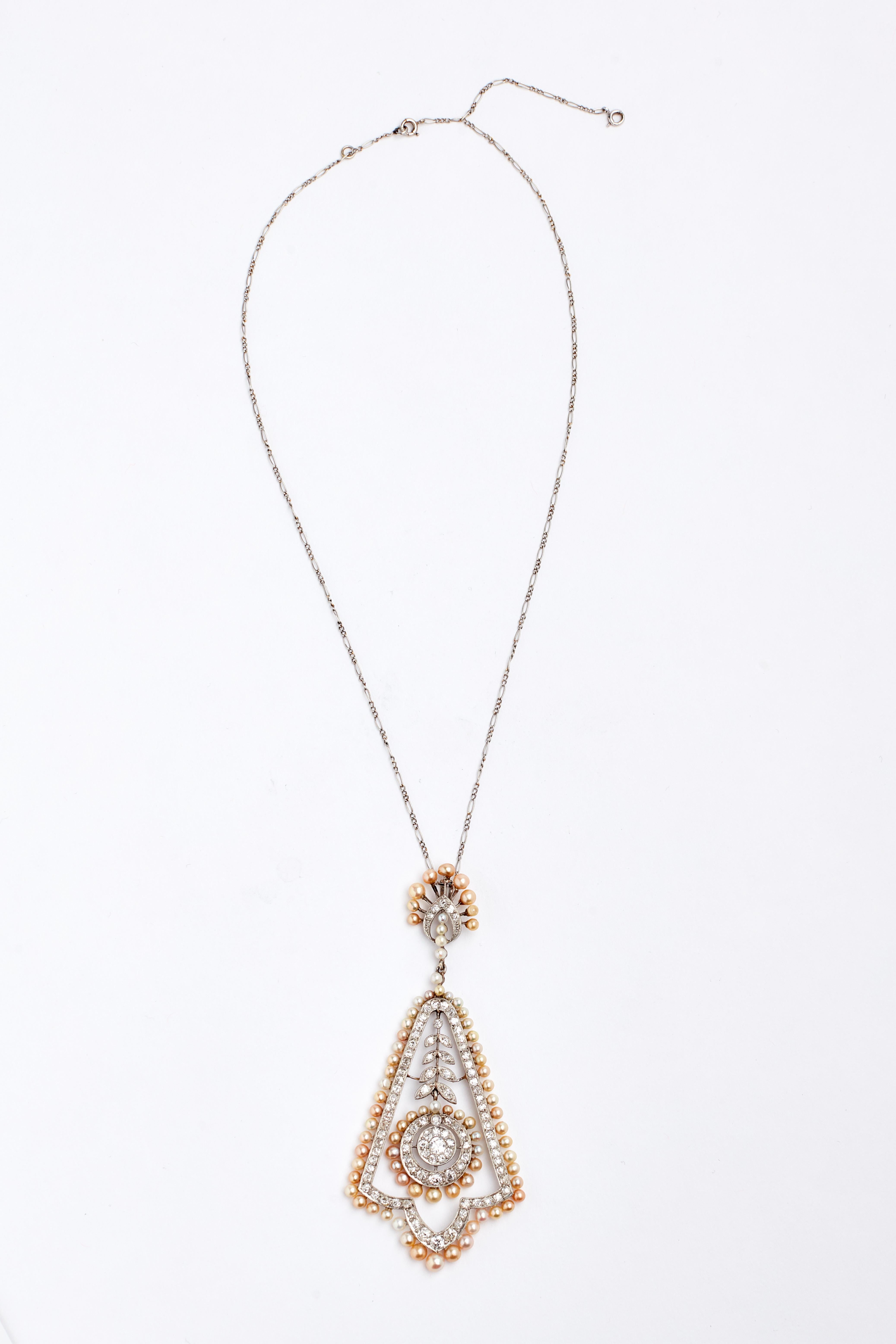 Natural Pearl and Diamond Platinum Pendant with 18 inch Platinum Chain. 3 inch Long Pendant. 