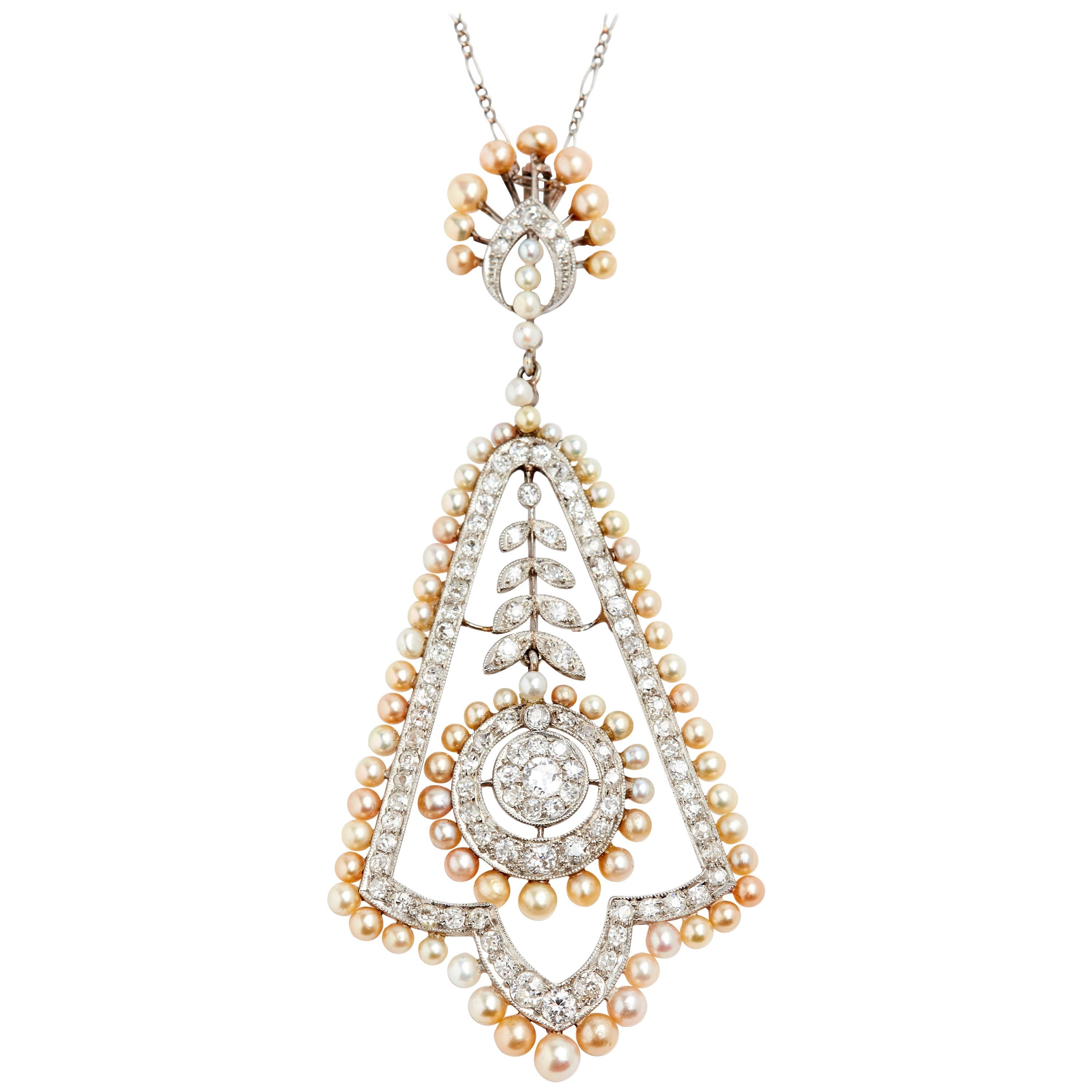 Natural Pearl and Diamond Platinum Pendant with Platinum Chain