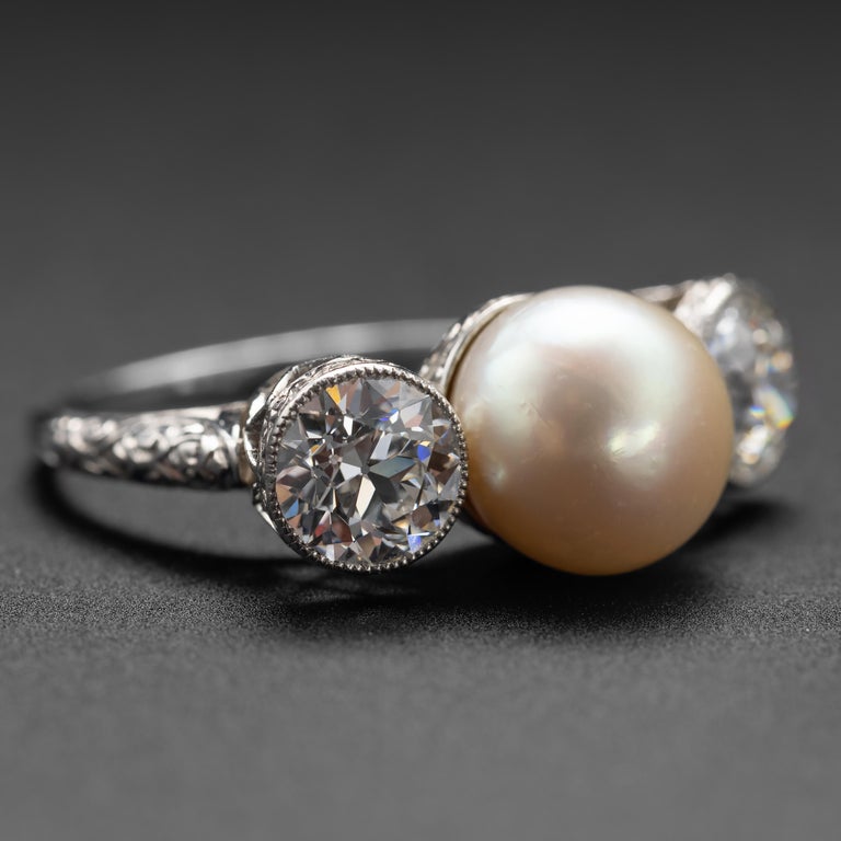 Old European Cut Natural Pearl and Diamond Ring by Black Starr and Frost GIA Certified For Sale