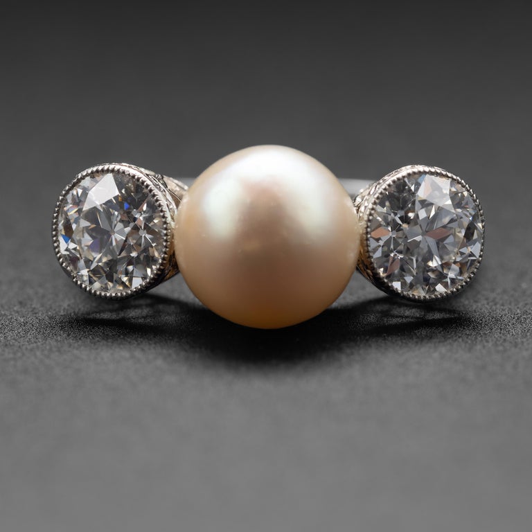 Women's or Men's Natural Pearl and Diamond Ring by Black Starr and Frost GIA Certified For Sale
