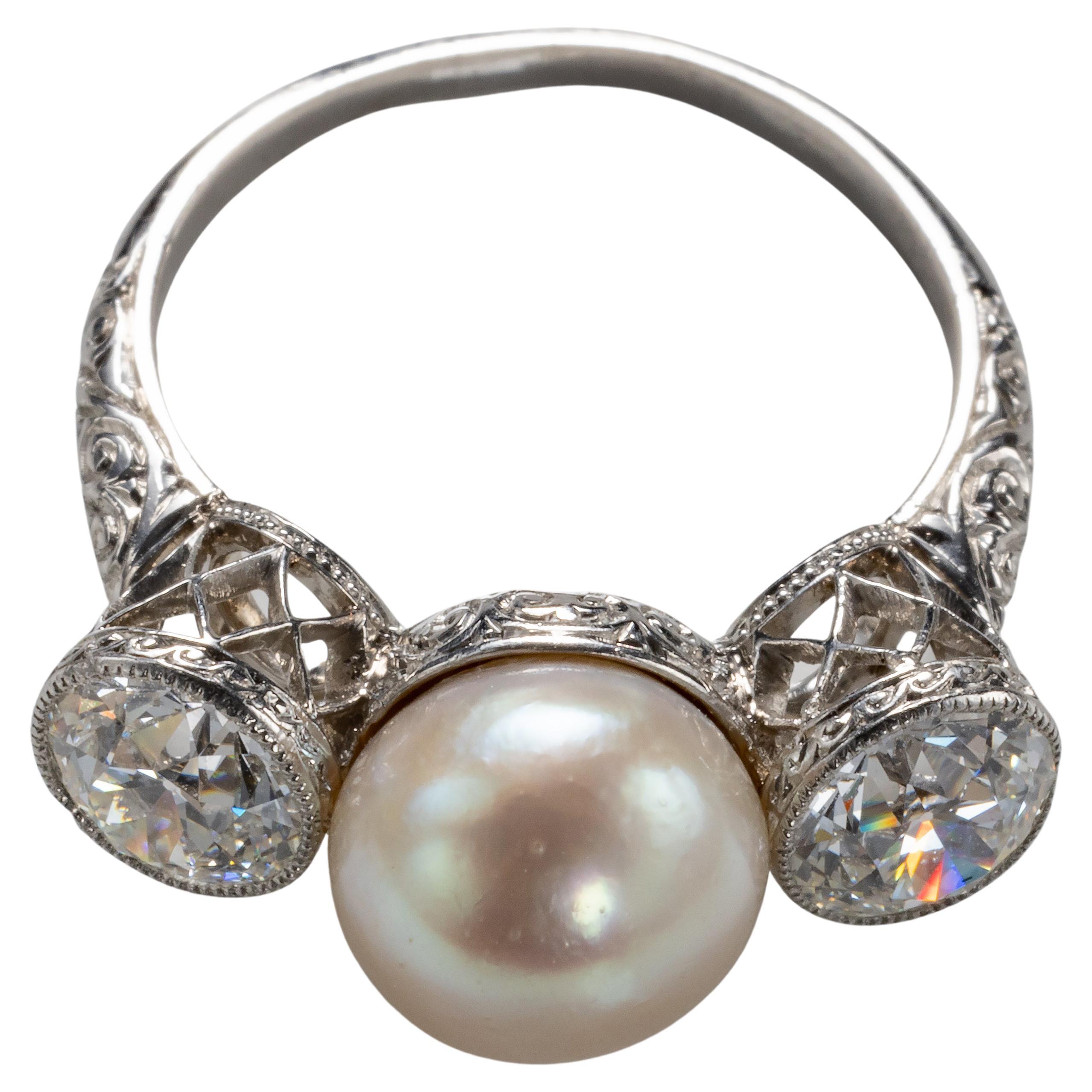 Natural Pearl and Diamond Ring by Black Starr and Frost GIA Certified