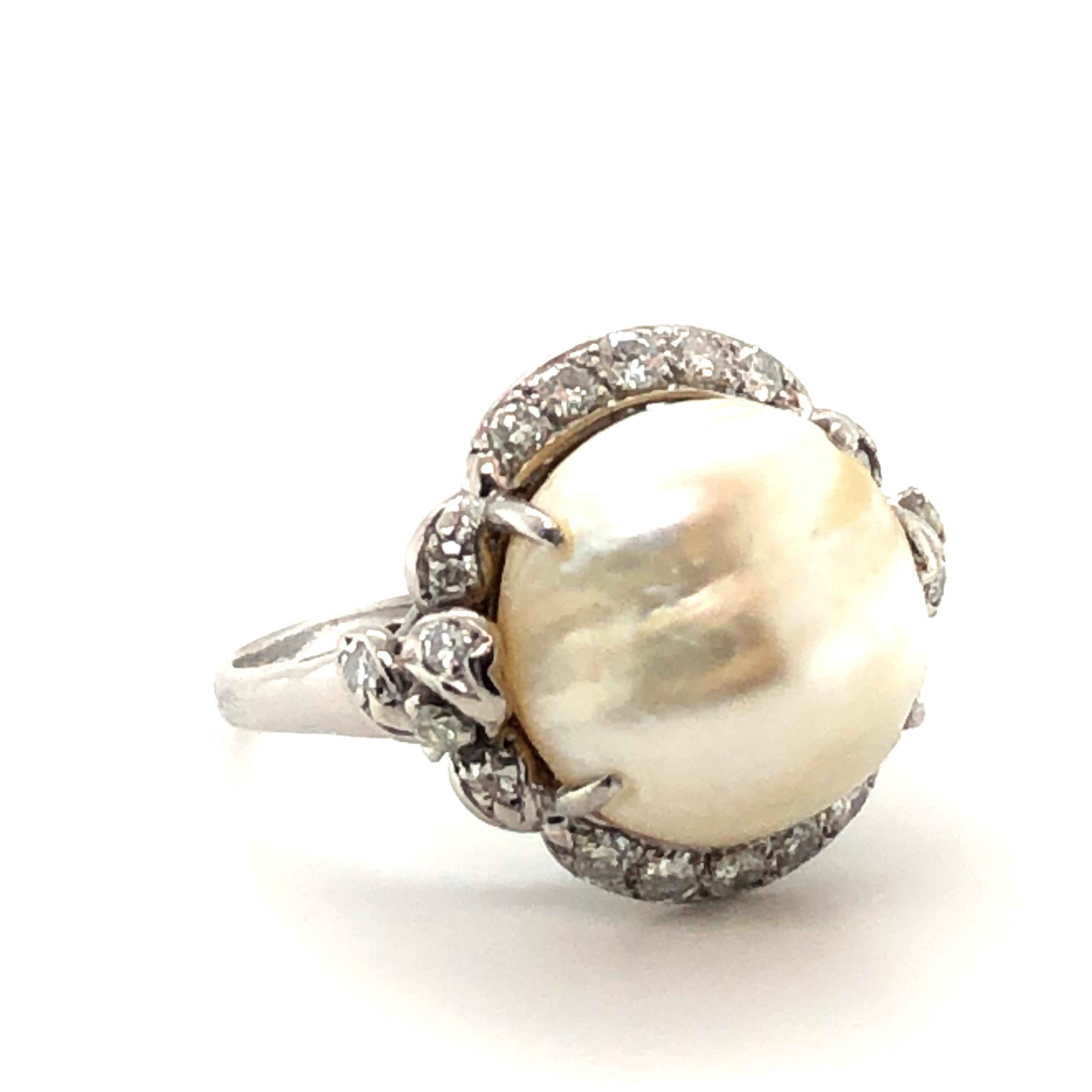 Brilliant Cut Natural Pearl and Diamond Ring ca. 1950 For Sale