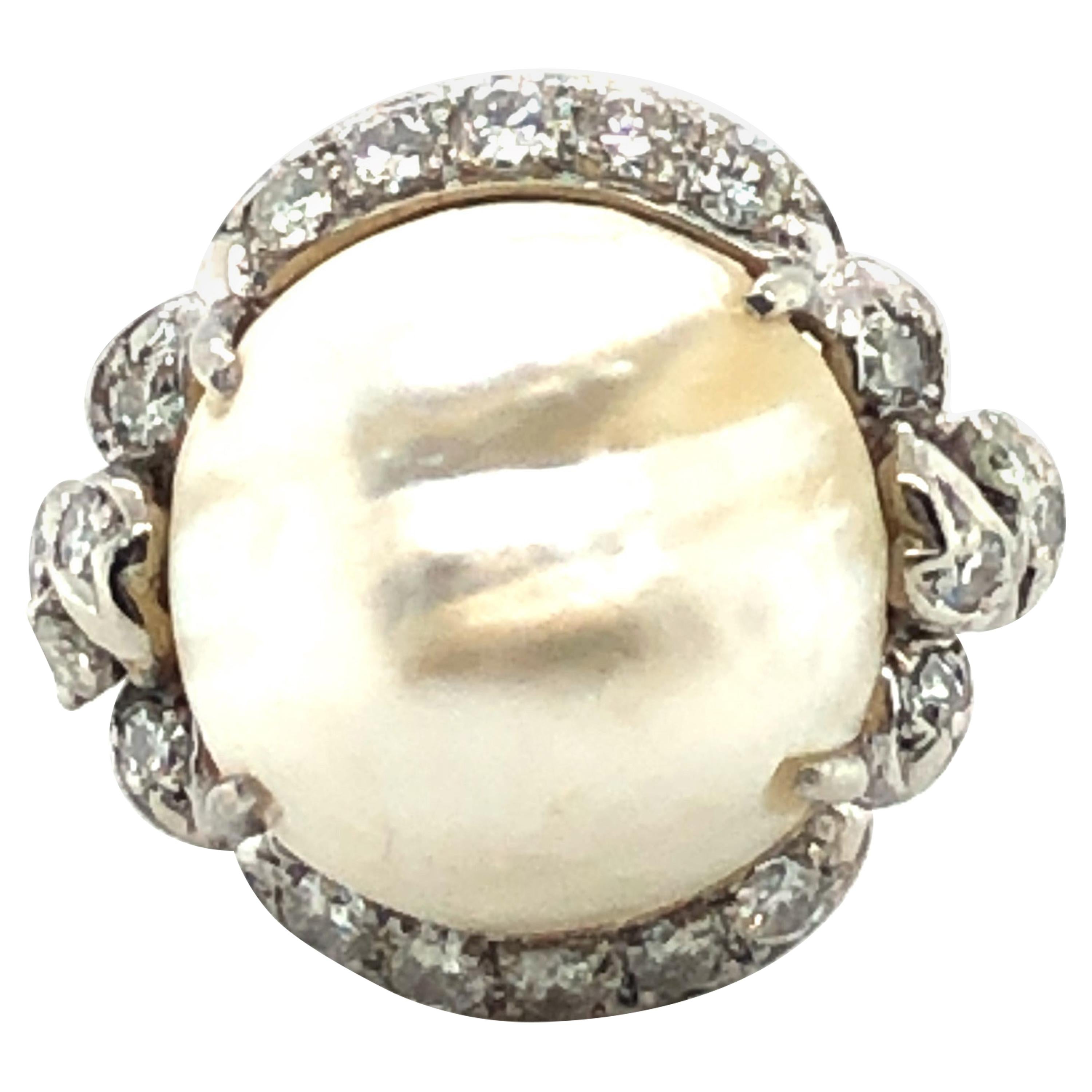 Natural Pearl and Diamond Ring ca. 1950 For Sale