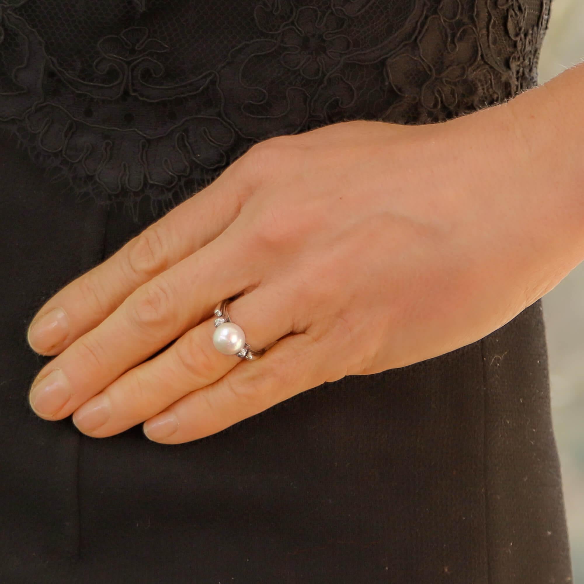 Bead Natural Pearl and Diamond Ring Set in 14 Karat White Gold