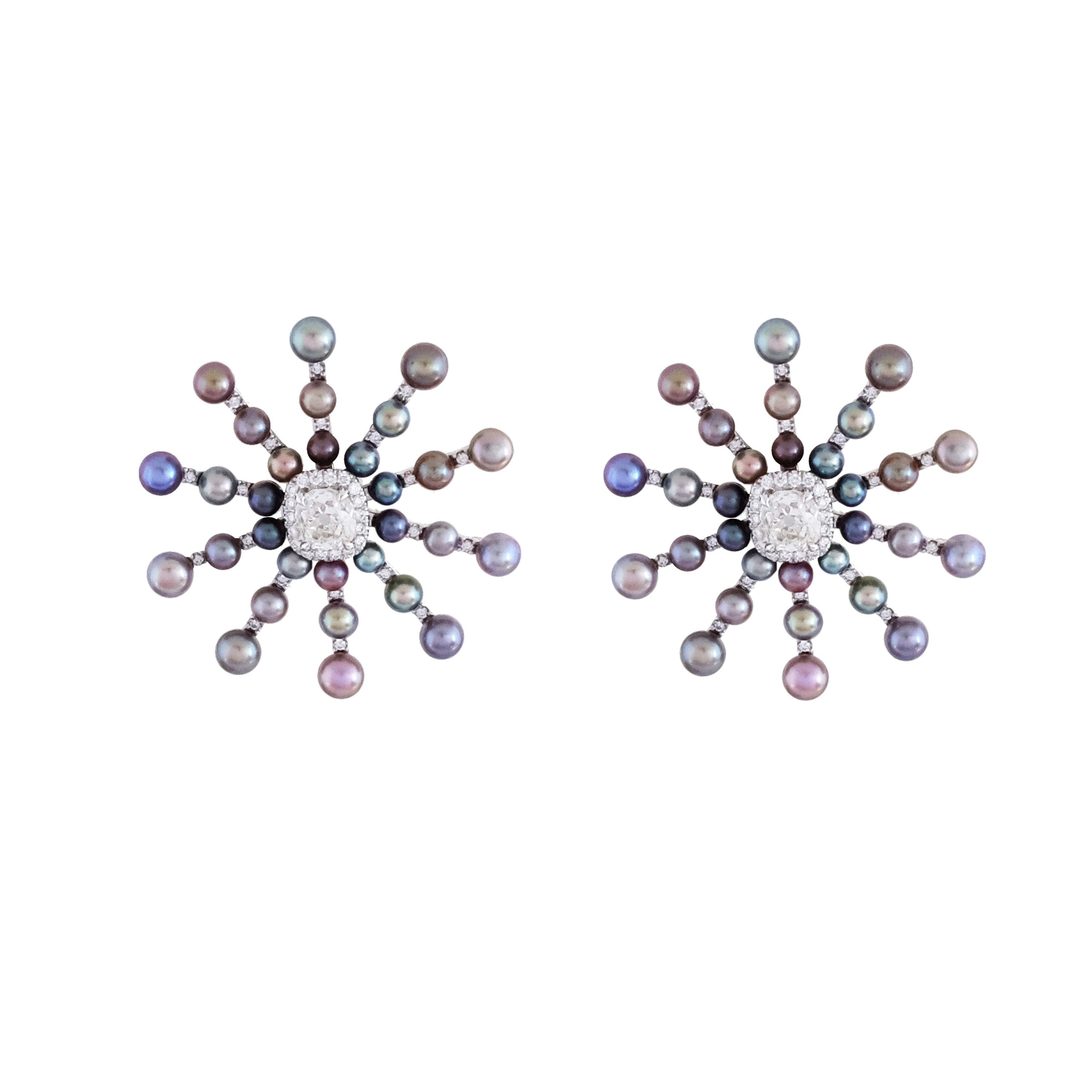 Natural Pearl and Diamond Starburst Style Earrings in 18kt White Gold For Sale