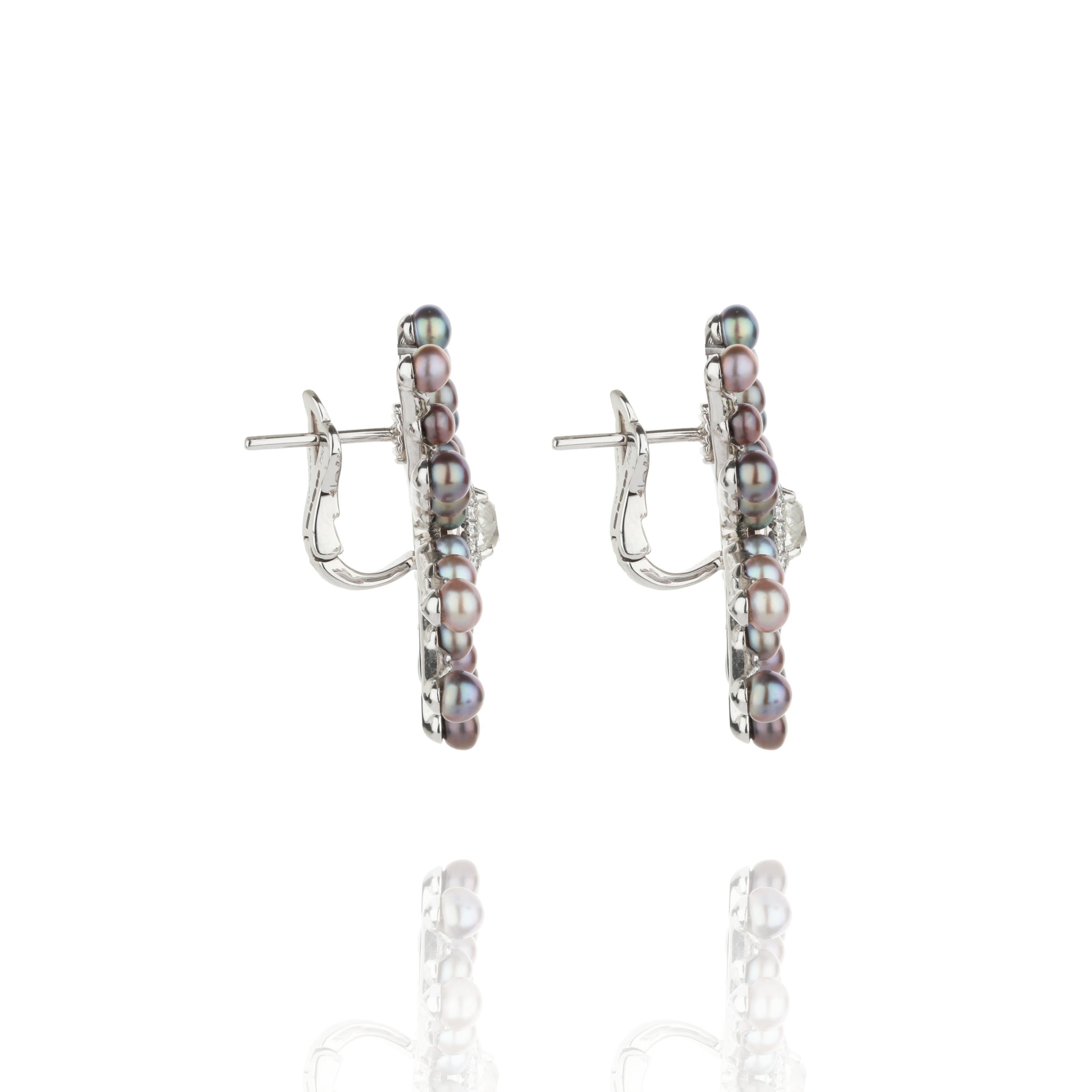 Contemporary Natural Pearl and Diamond Starburst Style Earrings in 18kt White Gold For Sale