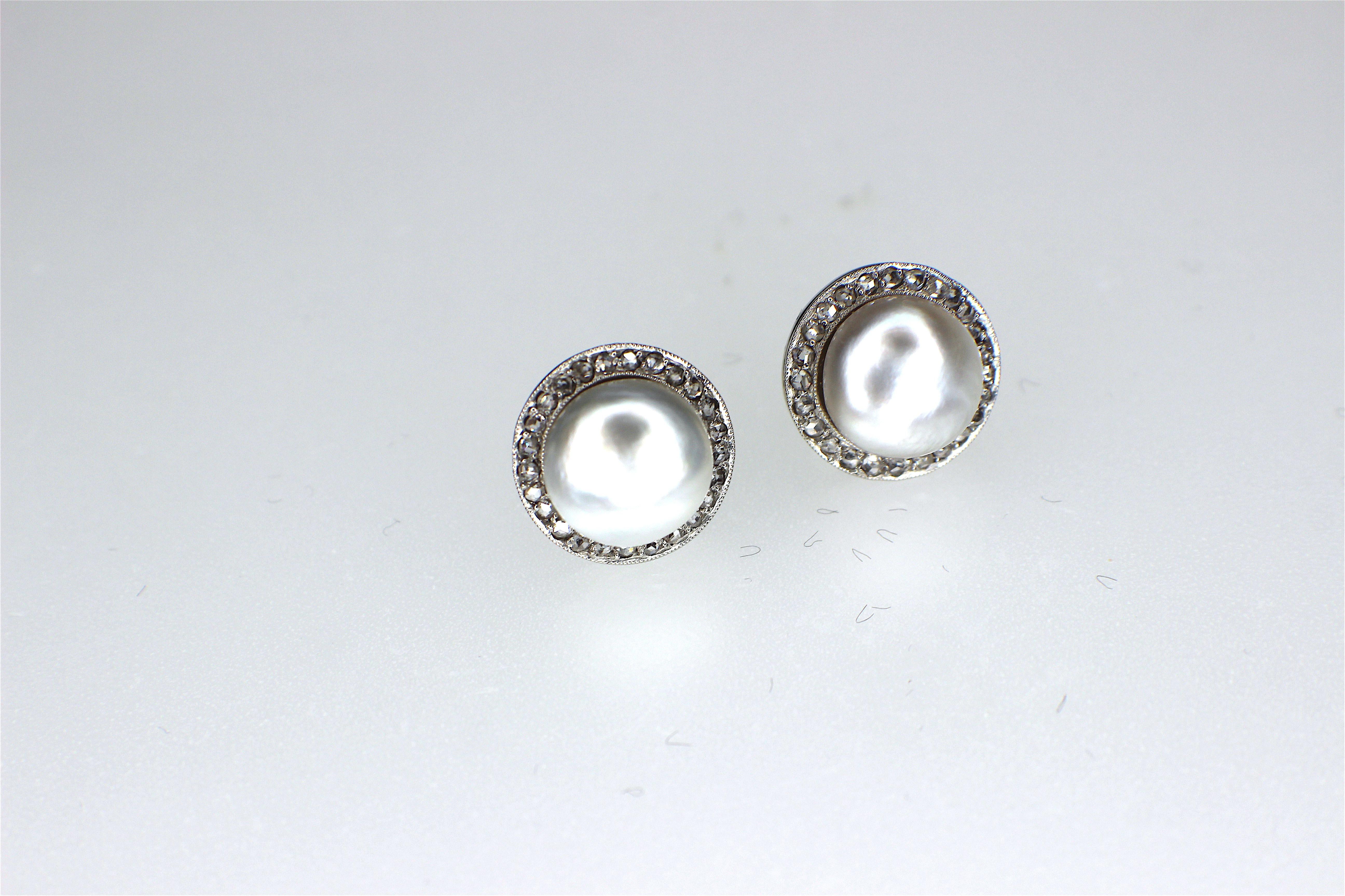 Rose Cut GEMOLITHOS Natural Pearl and Diamond Stud Earrings 1910  For Sale