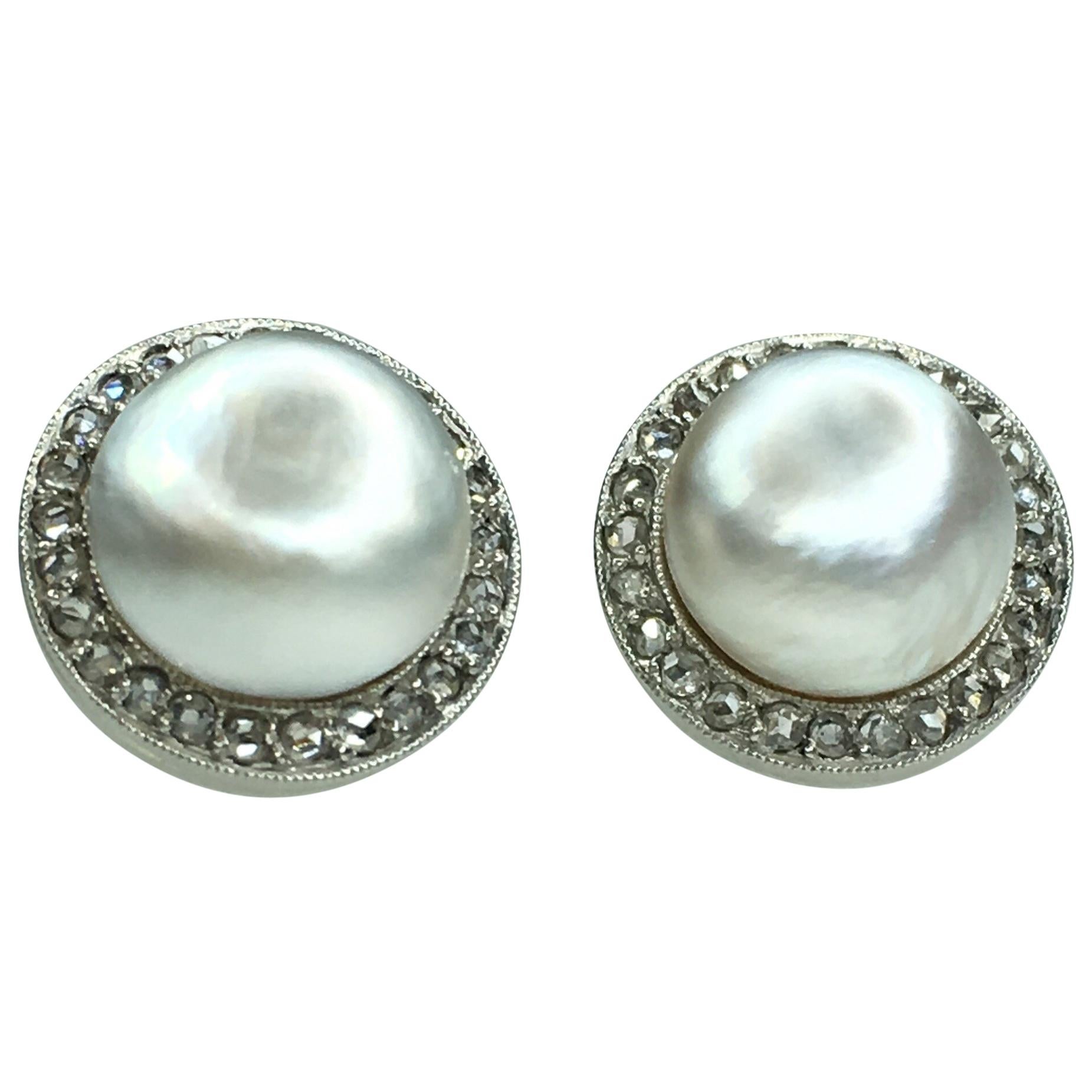 GEMOLITHOS Natural Pearl and Diamond Stud Earrings 1910  For Sale