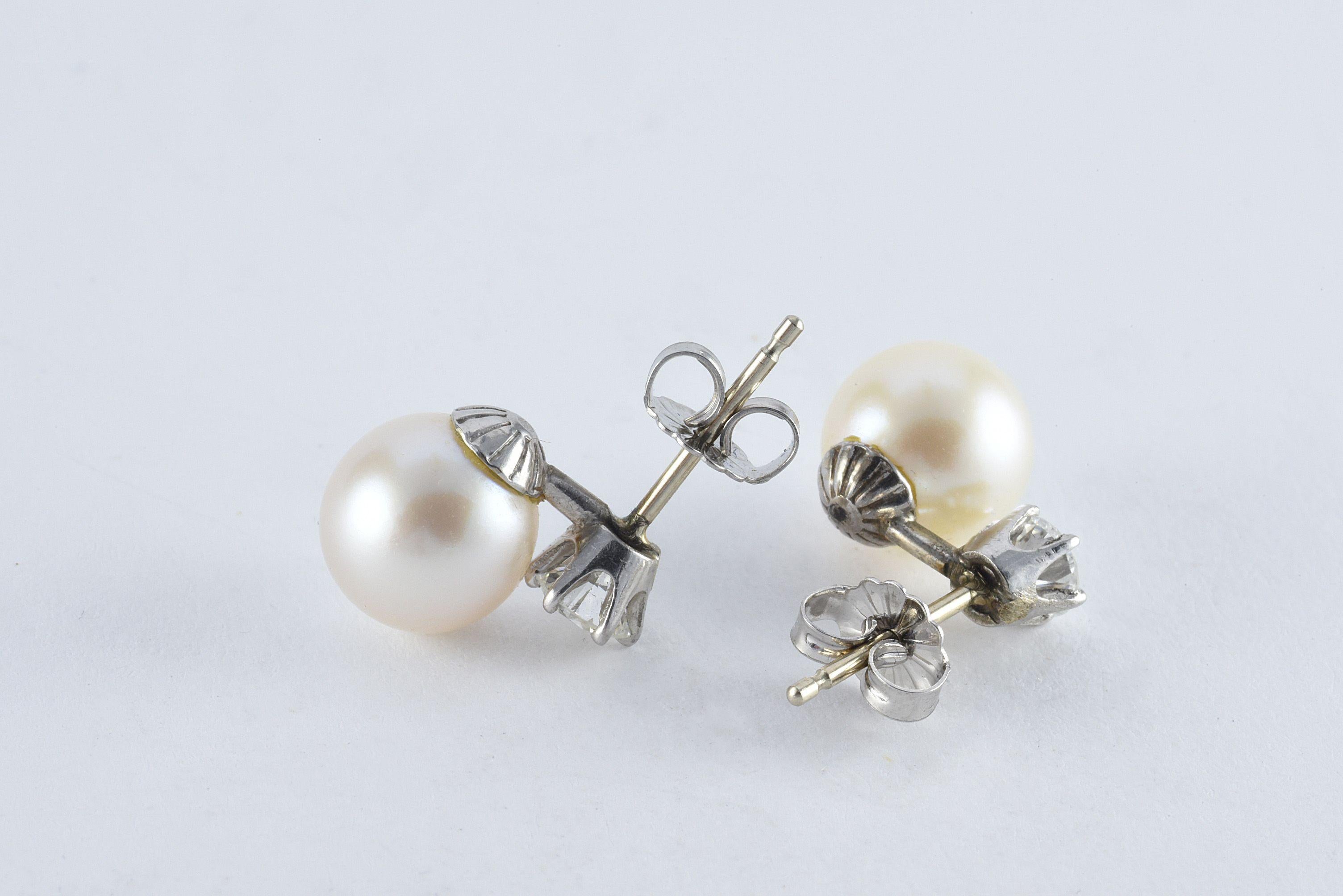 Contemporary Natural Pearl and Diamond Stud Earrings