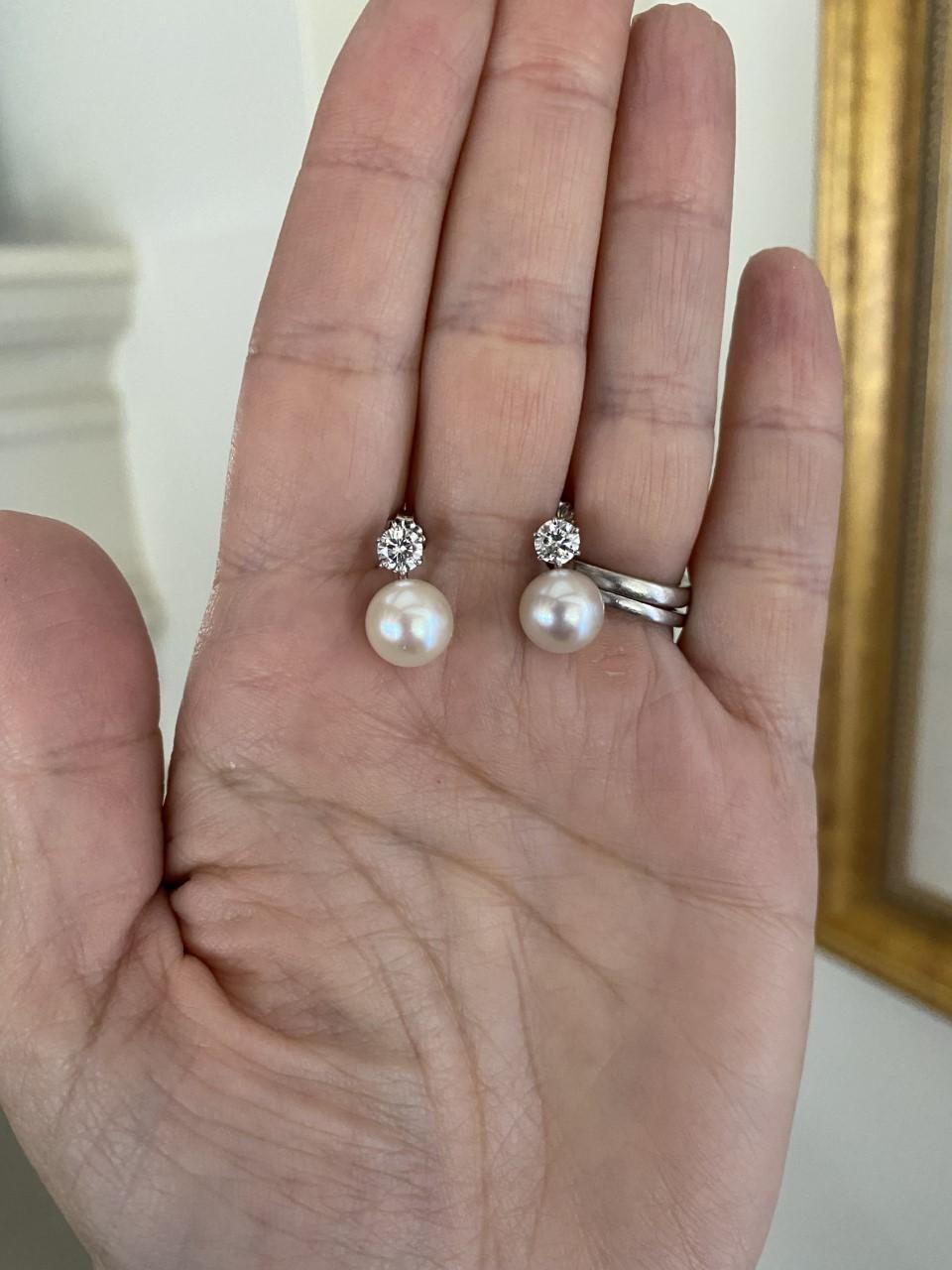Round Cut Natural Pearl and Diamond Stud Earrings