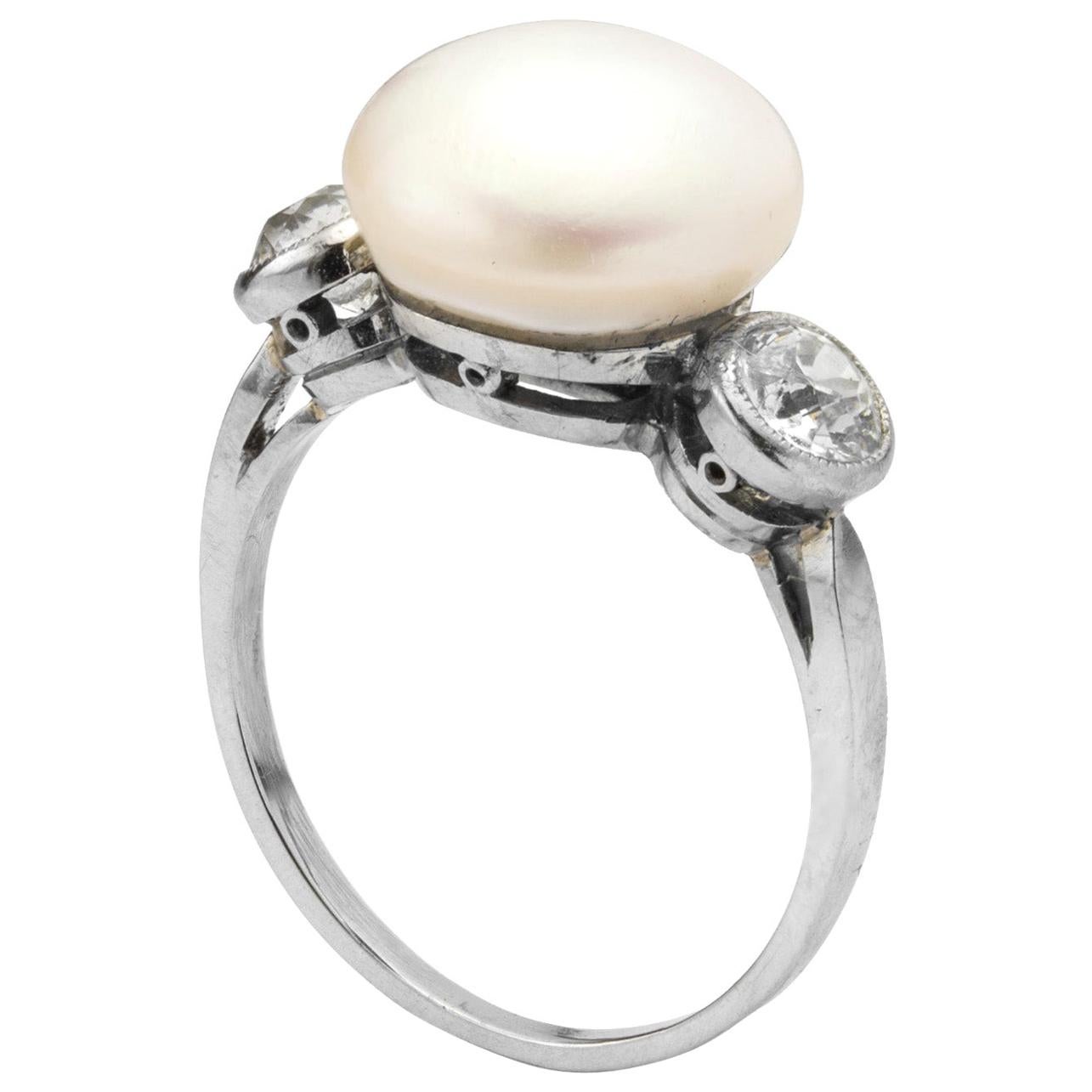 Natural Pearl and Diamond Three-Stone Ring For Sale
