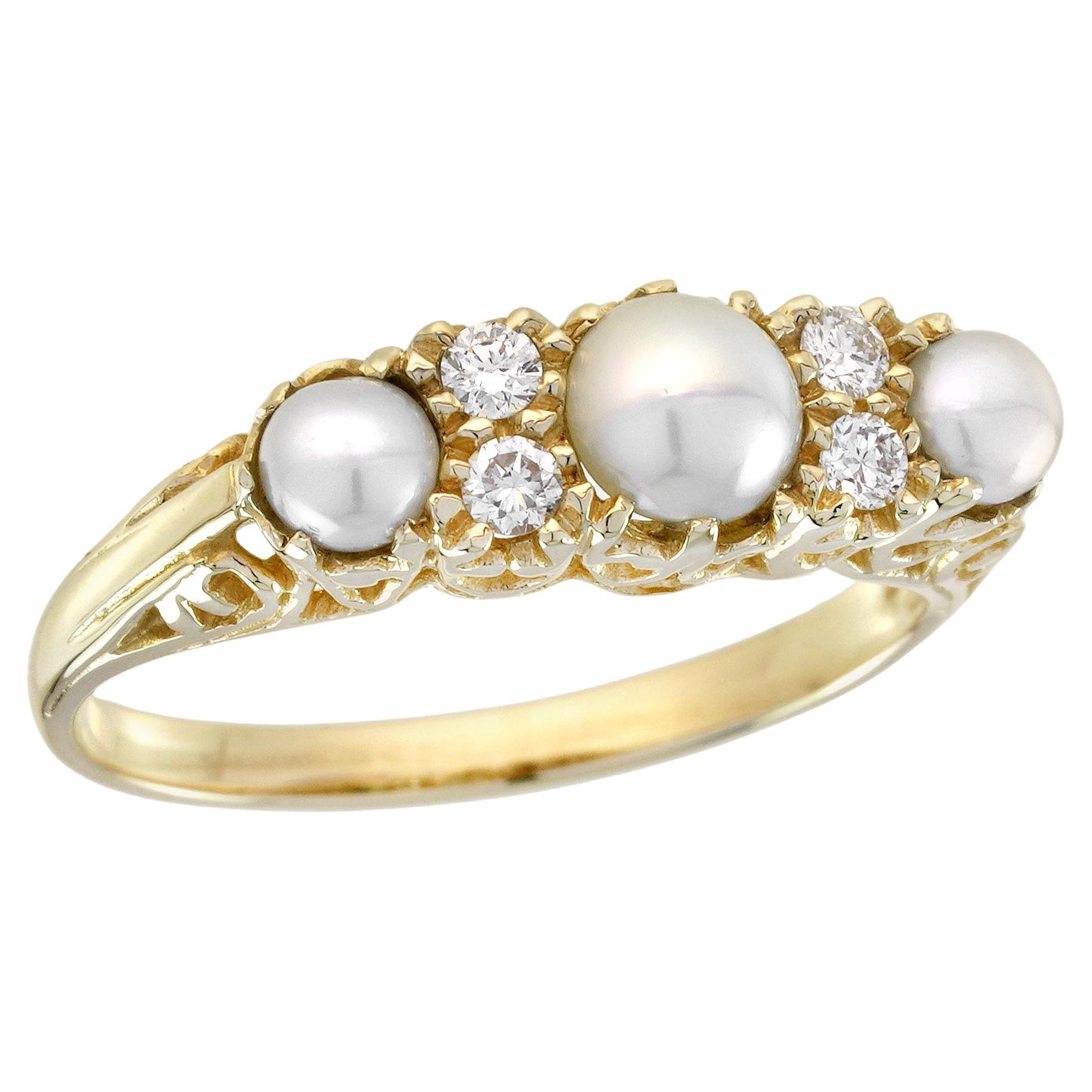 Bague de style vintage en or jaune 14 carats massif avec perles naturelles et diamants