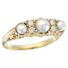Natural Pearl and Diamond Vintage Style Ring in Solid 14K Yellow Gold