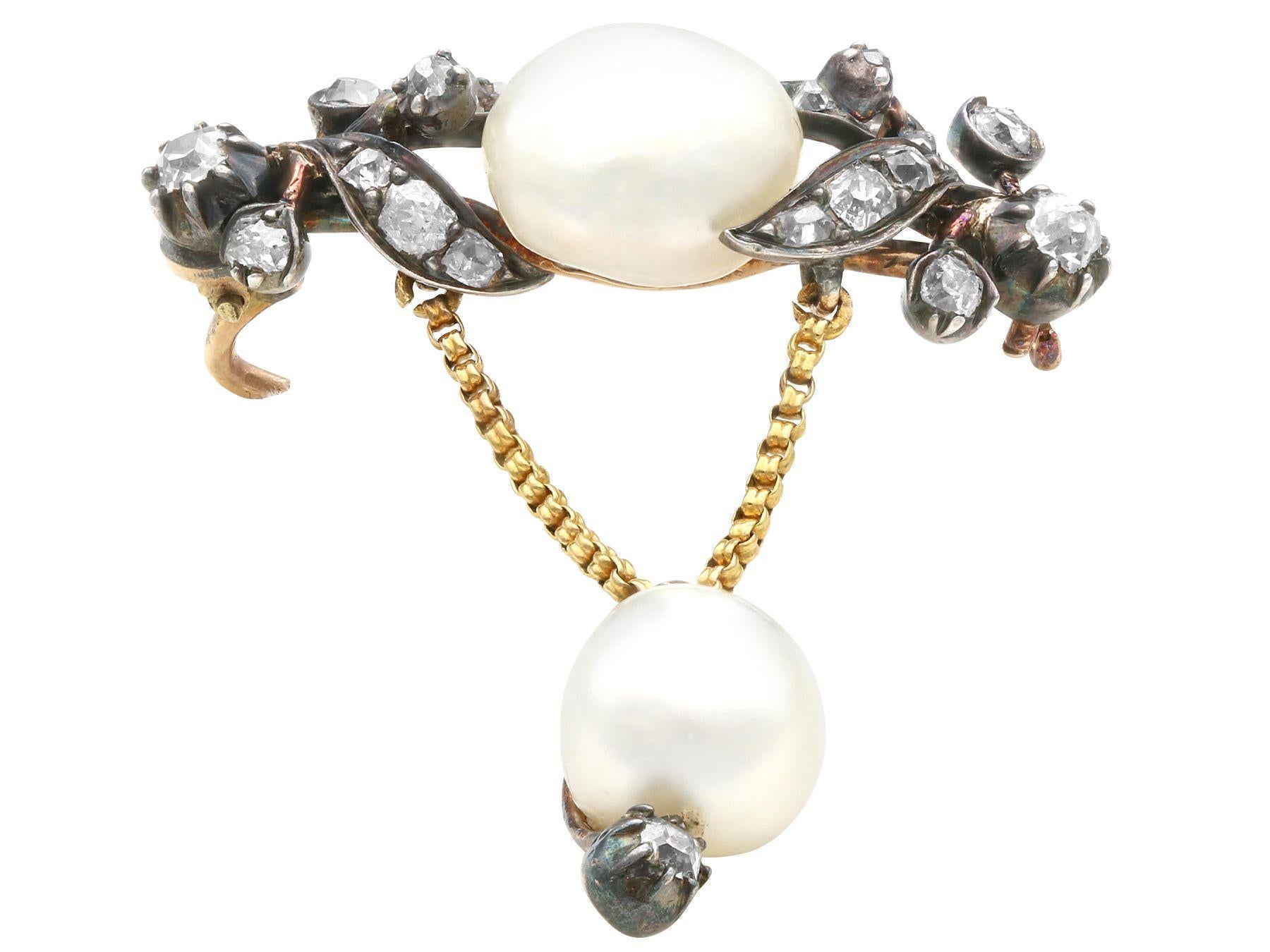 Victorian Natural Pearl and Diamond Yellow Gold and Silver Set Brooch For Sale