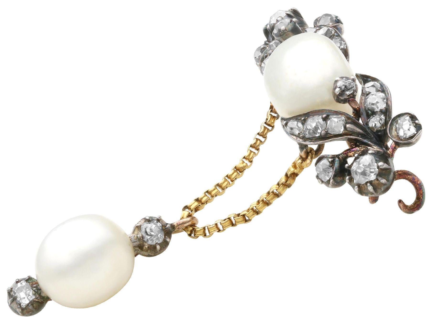 Old European Cut Natural Pearl and Diamond Yellow Gold and Silver Set Brooch For Sale