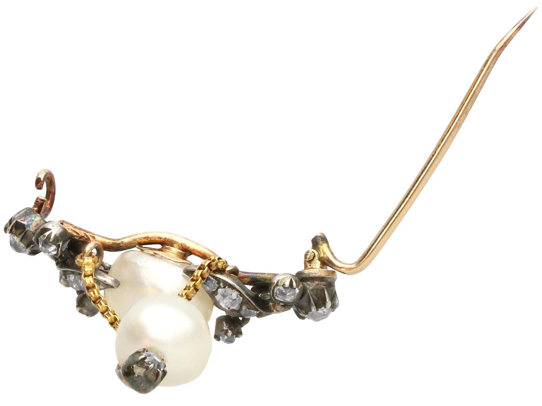 Women's or Men's Natural Pearl and Diamond Yellow Gold and Silver Set Brooch For Sale