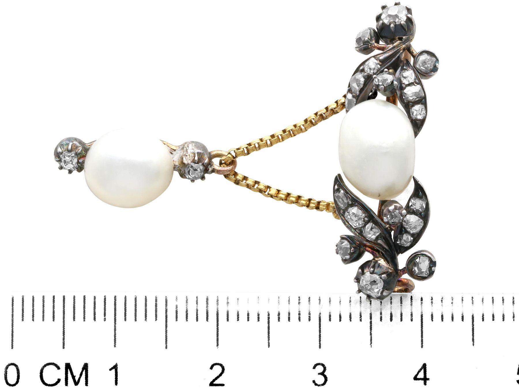 Natural Pearl and Diamond Yellow Gold and Silver Set Brooch For Sale 1