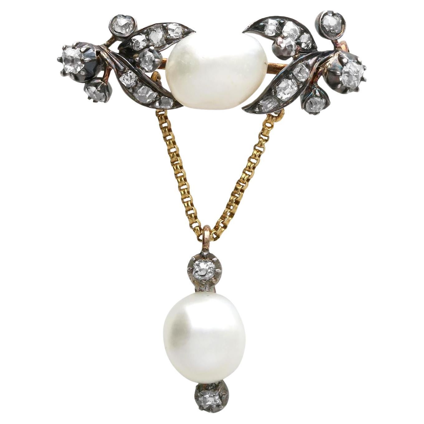 Natural Pearl and Diamond Yellow Gold and Silver Set Brooch