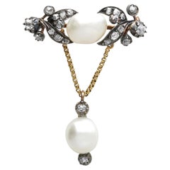 Antique Natural Pearl and Diamond Yellow Gold and Silver Set Brooch