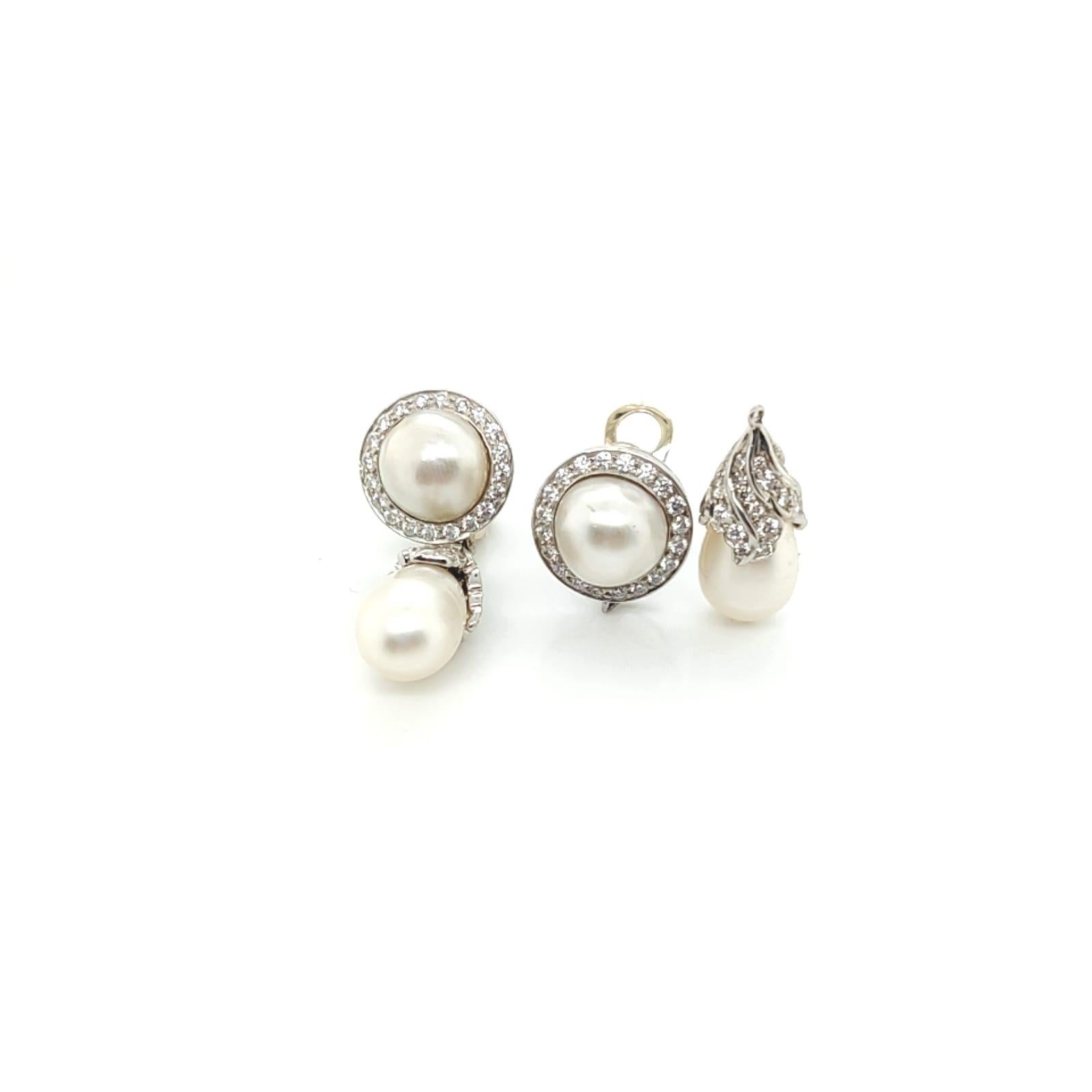 Contemporary Natural Pearl and Diamonds Drop Earrings For Sale