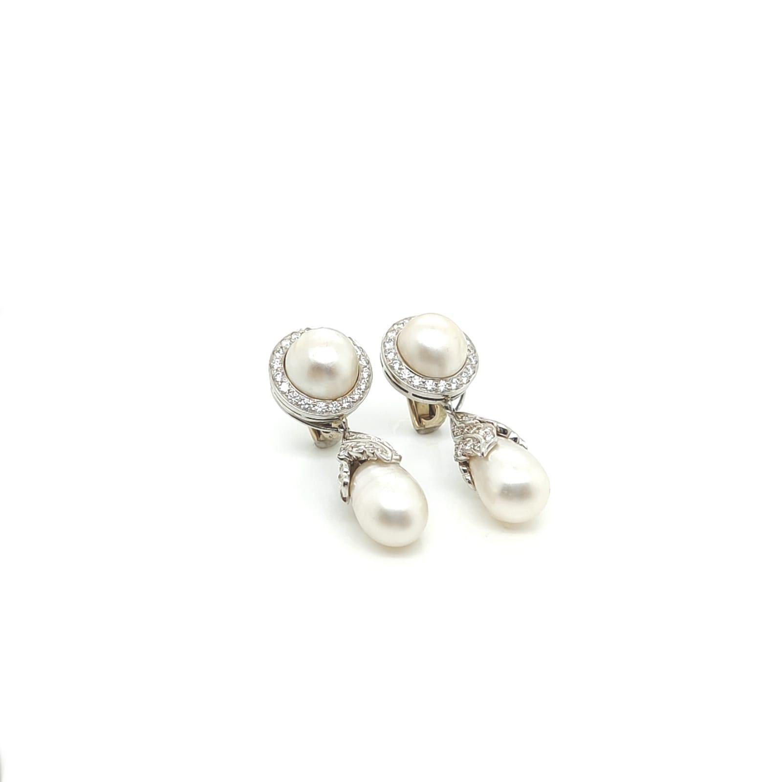 Round Cut Natural Pearl and Diamonds Drop Earrings For Sale