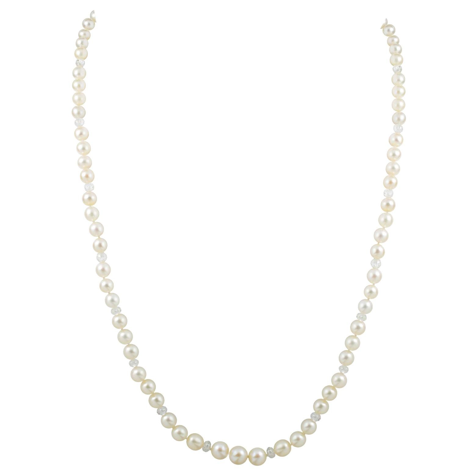 Natural Pearl and Faceted Diamond Bead Necklace For Sale