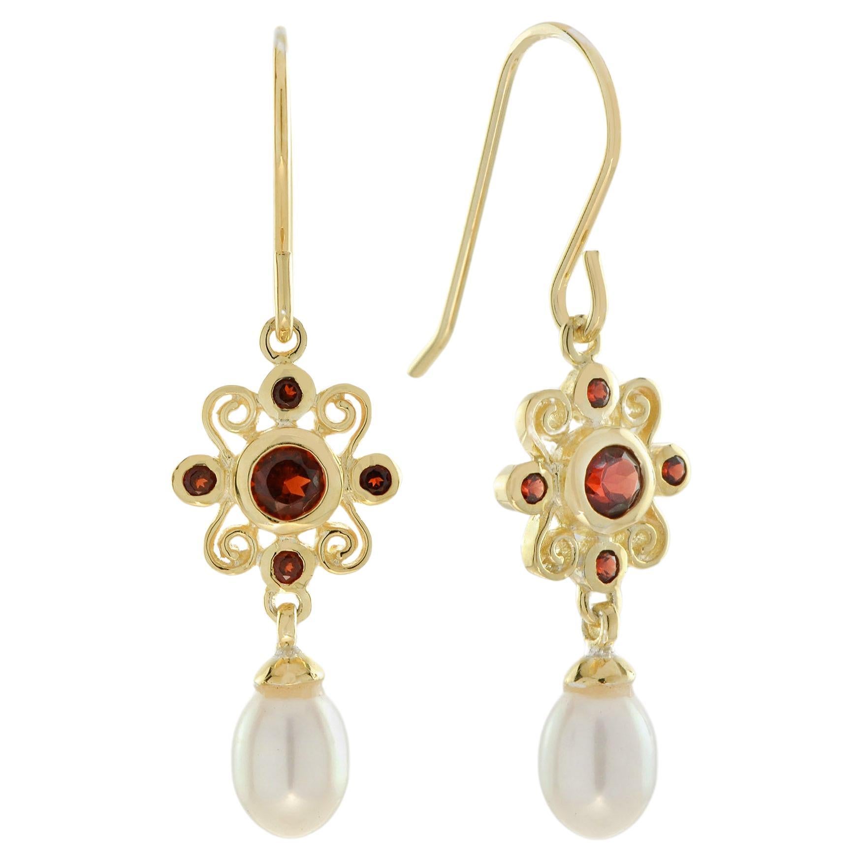 Natural Pearl and Garnet Vintage Style Drop Earrings in Solid 9K Yellow Gold