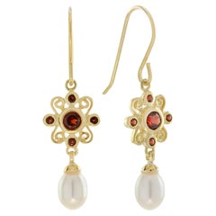 Natural Pearl and Garnet Vintage Style Drop Earrings in Solid 9K Yellow Gold