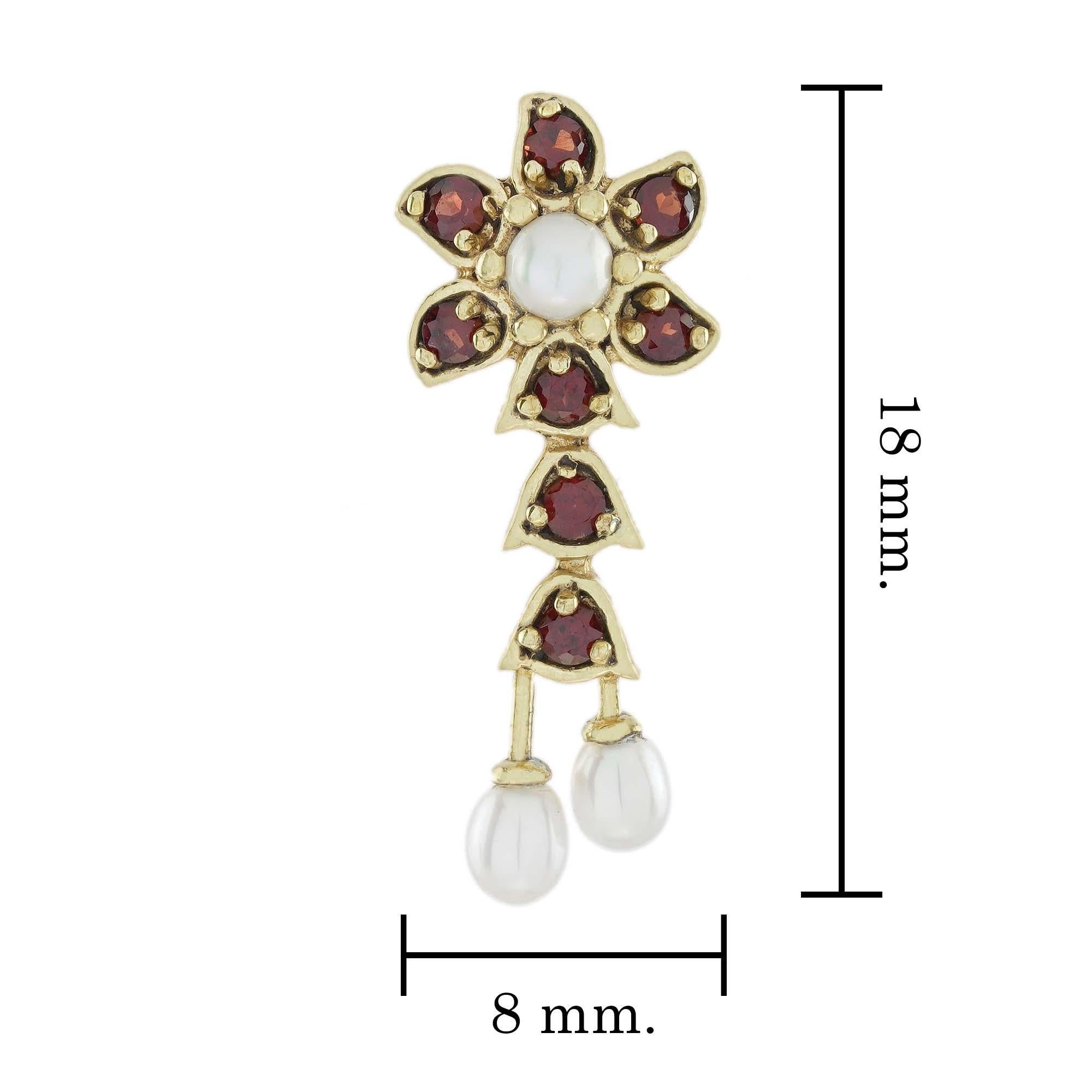Natürliche Perle und Granat Vintage-Tropfen-Ohrringe im Vintage-Stil aus massivem 9K Gold im Zustand „Neu“ im Angebot in Bangkok, TH