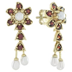 Natural Pearl and Garnet Vintage Style Floral Drop Earrings in Solid 9K Gold