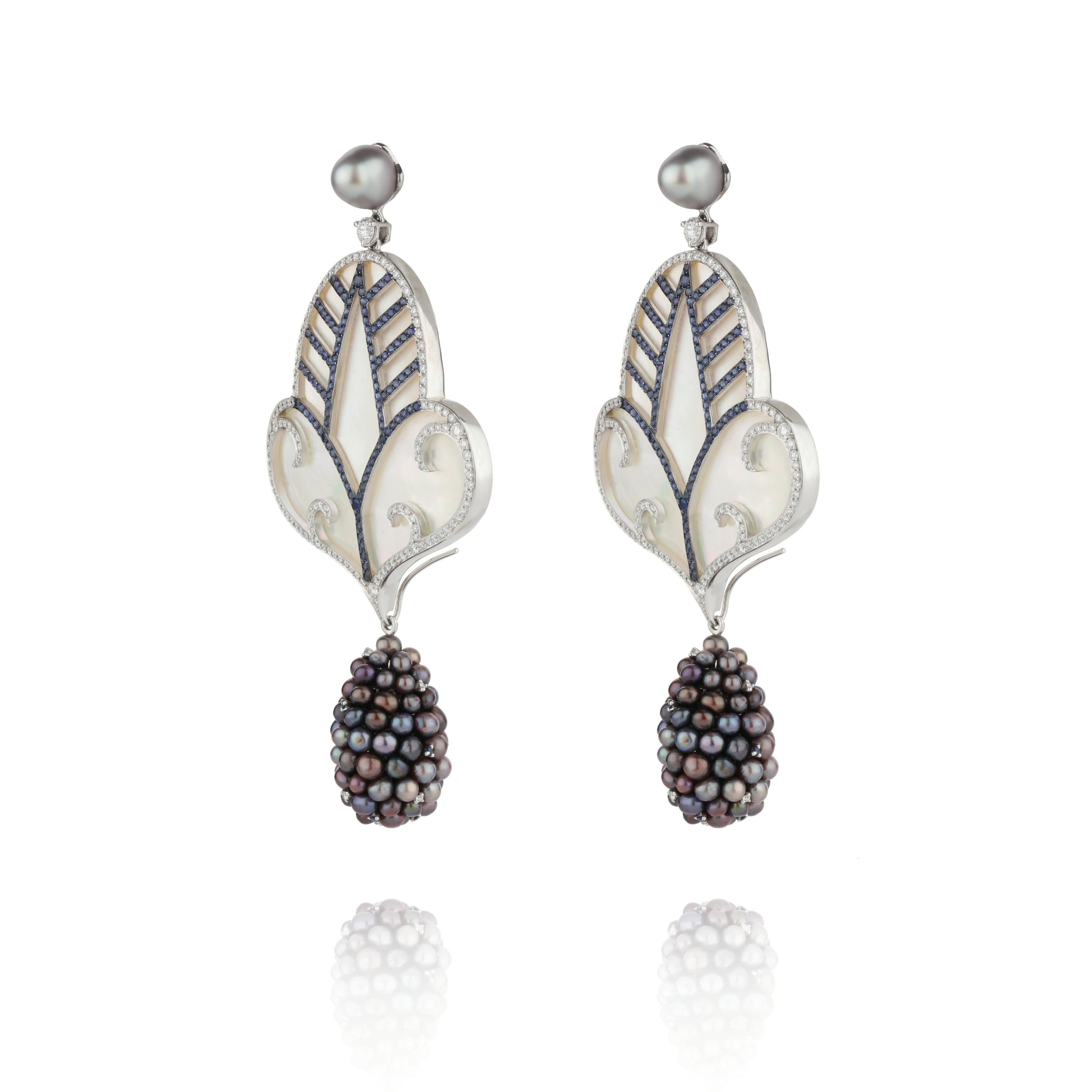 Women's or Men's Natural Pearl and Mother of Pearl Drop Earrings with Sapphires and Diamonds For Sale