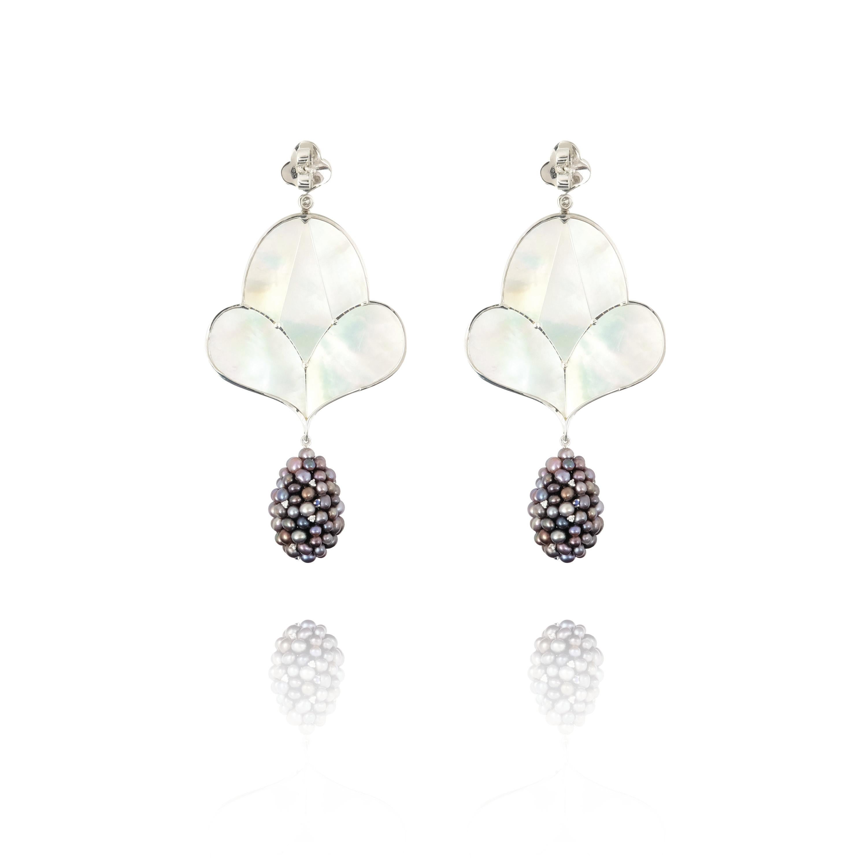 Natural Pearl and Mother of Pearl Drop Earrings with Sapphires and Diamonds For Sale 1