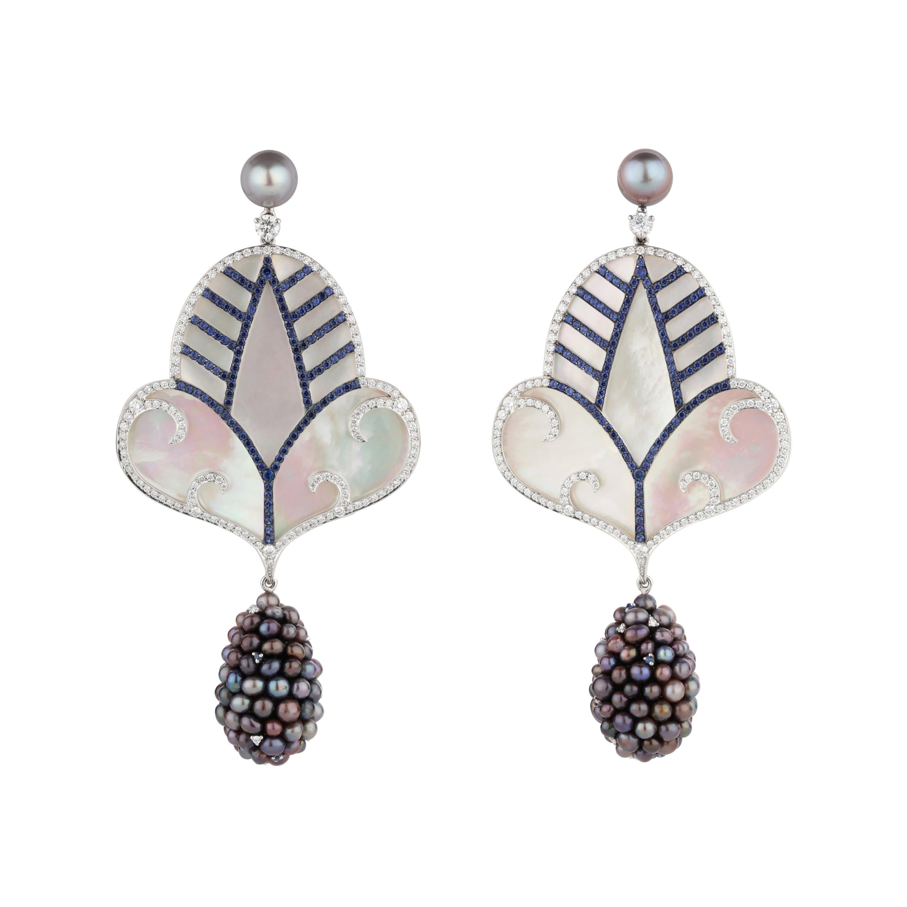 Natural Pearl and Mother of Pearl Drop Earrings with Sapphires and Diamonds For Sale