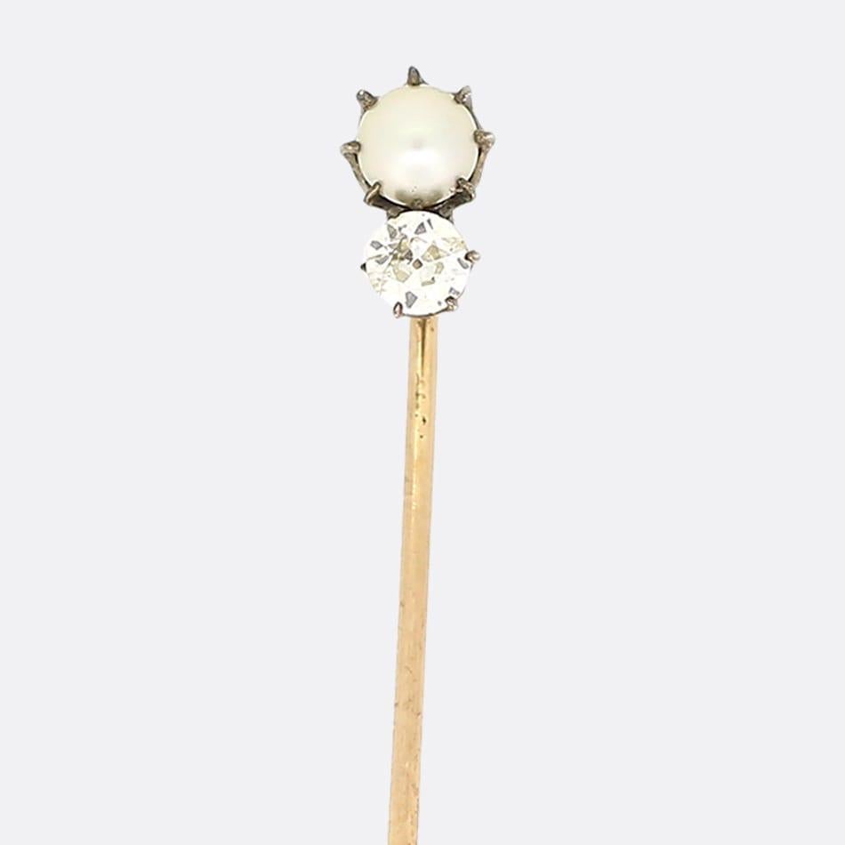 Old European Cut Natural Pearl and Old Cut Diamond Stick Pin
