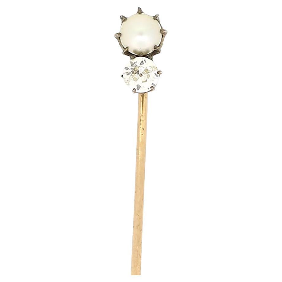 Natural Pearl and Old Cut Diamond Stick Pin