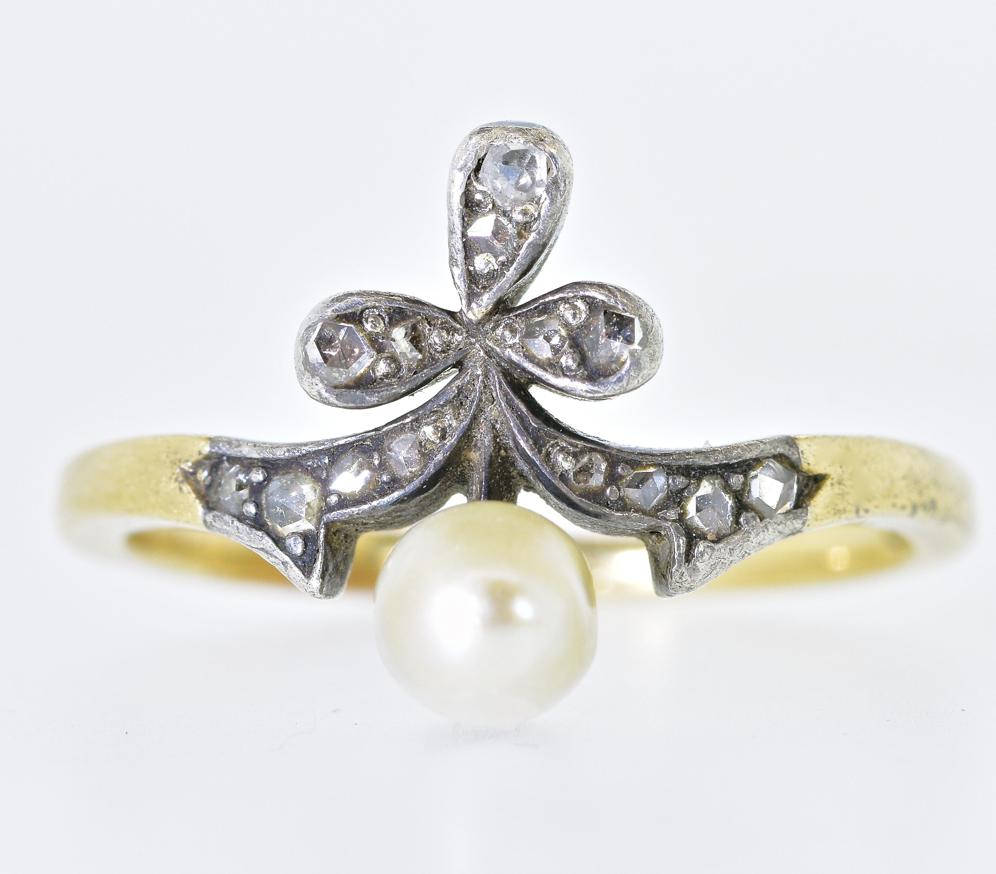 Antiker Ring mit natürlicher Perle und Diamant im Rosenschliff (Viktorianisch) im Angebot