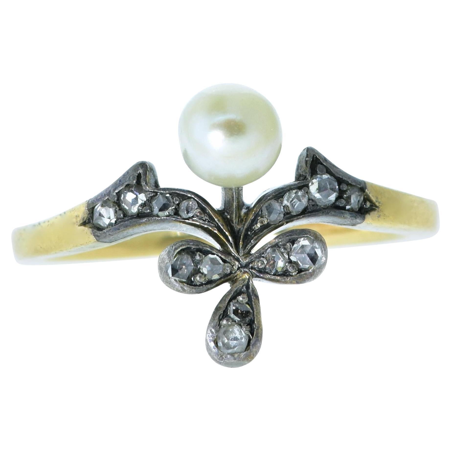 Anillo Antiguo 18K y Perla Natural y Diamante talla Rosa
