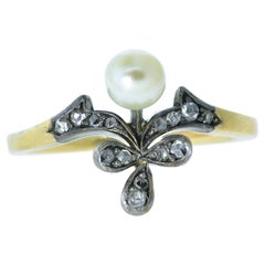 18K and Natural Pearl and Rose Cut Diamond Antique Ring