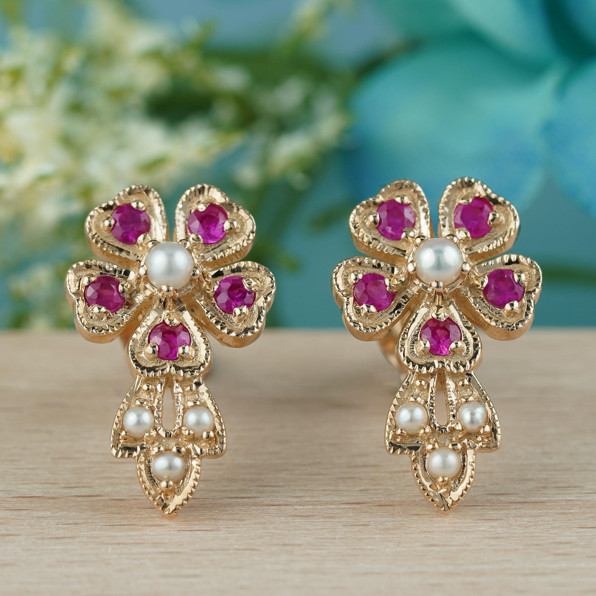 Round Cut Natural Pearl and Ruby Vintage Style Floral Stud Earrings in Solid 9K Gold For Sale