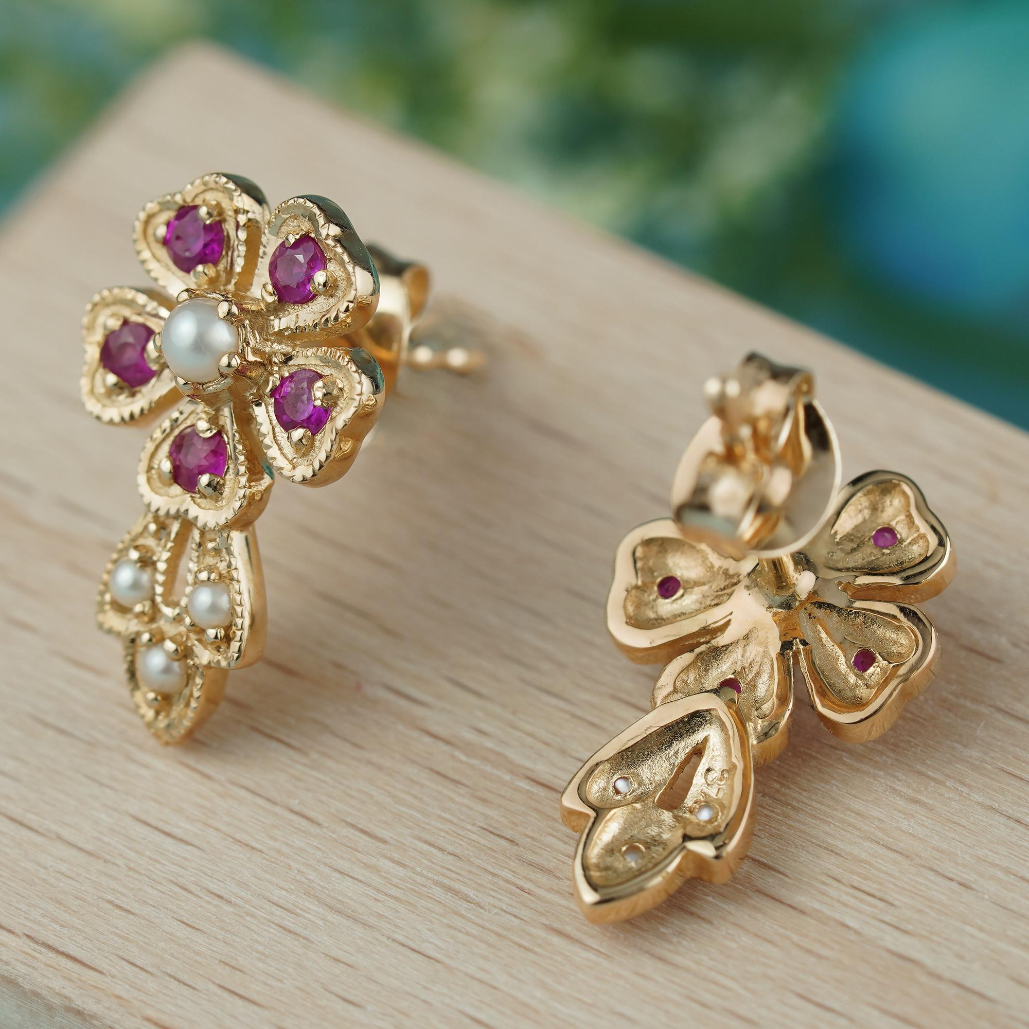 Women's Natural Pearl and Ruby Vintage Style Floral Stud Earrings in Solid 9K Gold For Sale