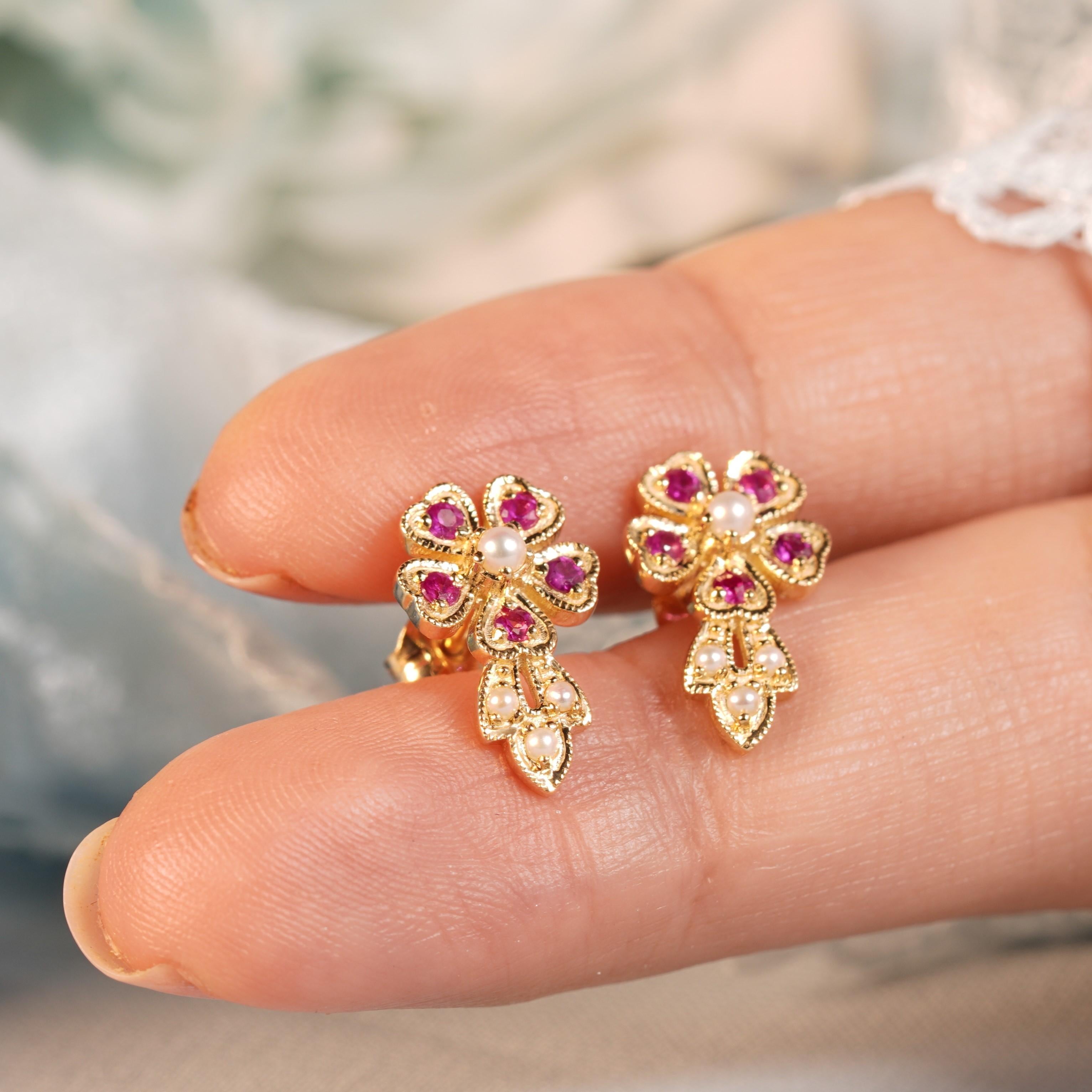 Natural Pearl and Ruby Vintage Style Floral Stud Earrings in Solid 9K Gold For Sale 2