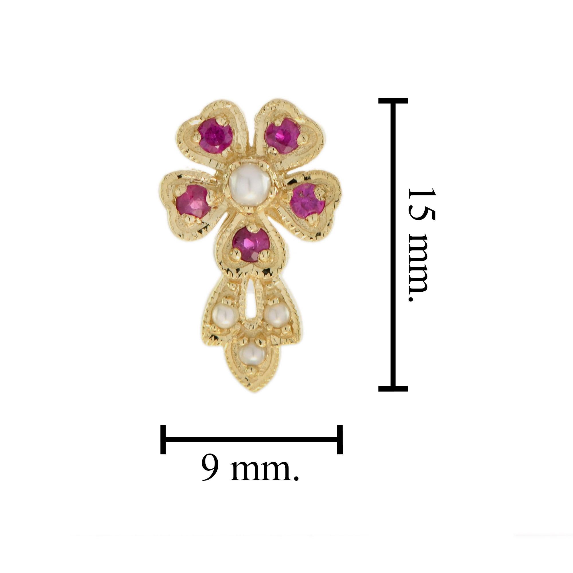 Natural Pearl and Ruby Vintage Style Floral Stud Earrings in Solid 9K Gold For Sale 3