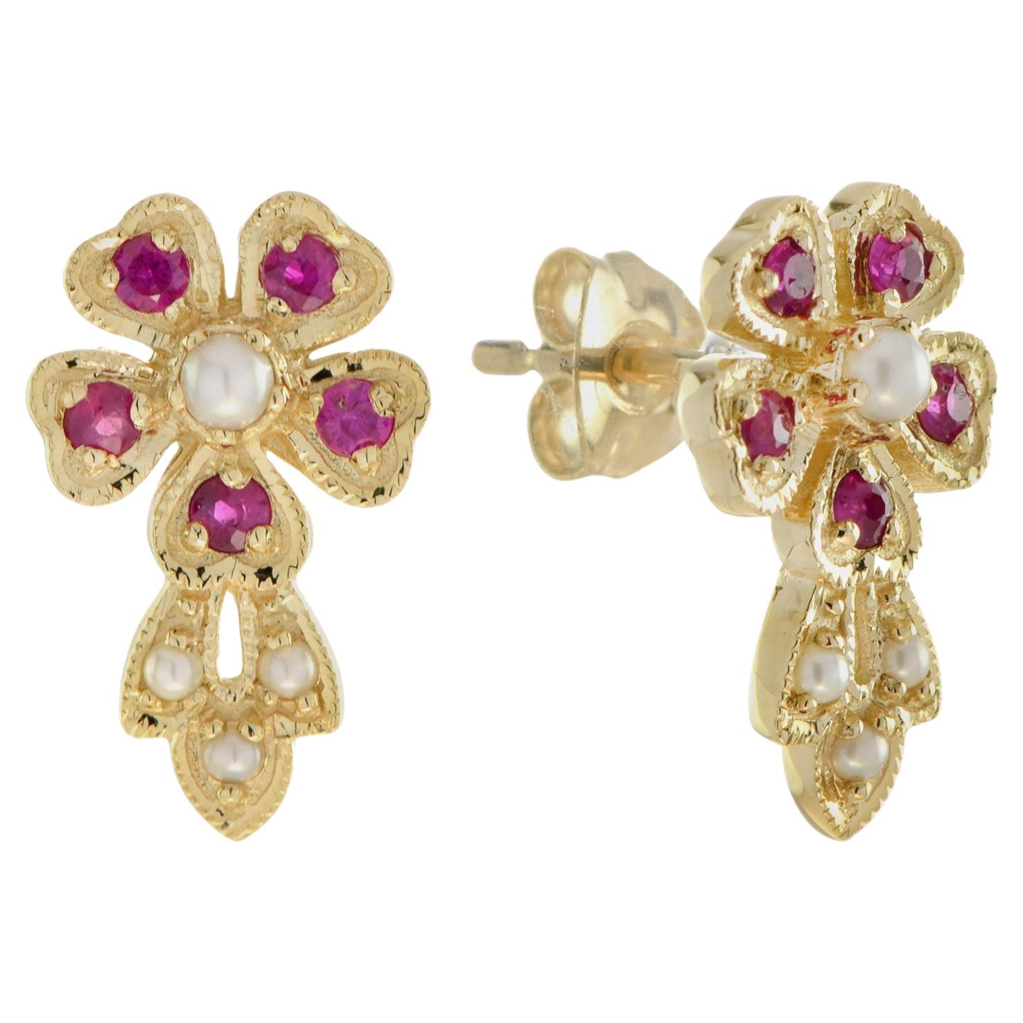 Natural Pearl and Ruby Vintage Style Floral Stud Earrings in Solid 9K Gold
